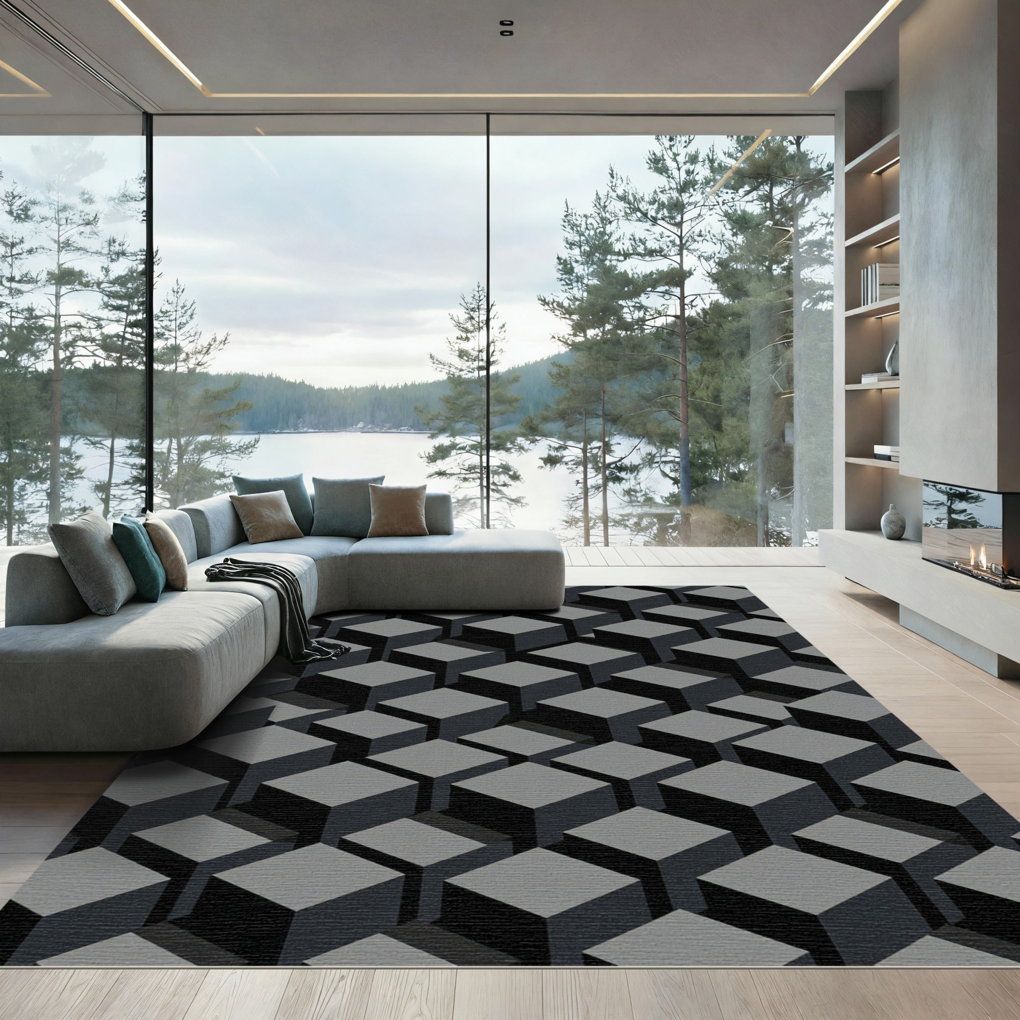Monochromatic 3D Cube Pattern Rug