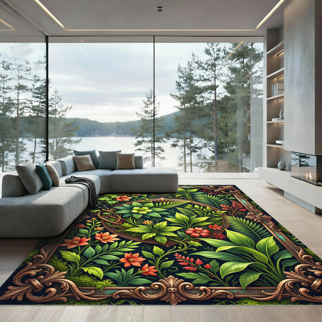 Lush Tropical Foliage Ornate Botanical Frame Rug