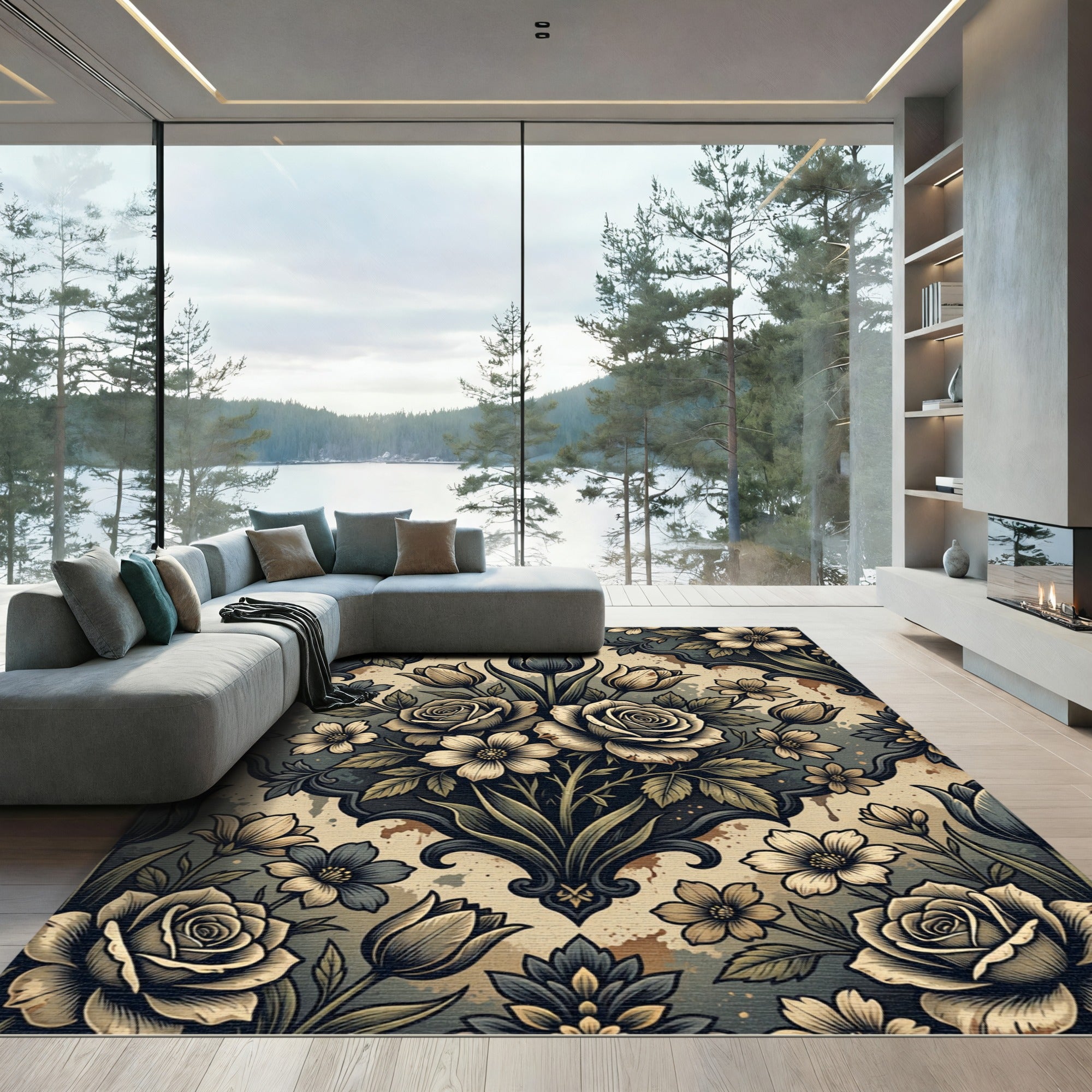 Antique Grey Floral Damask Bouquet Rug