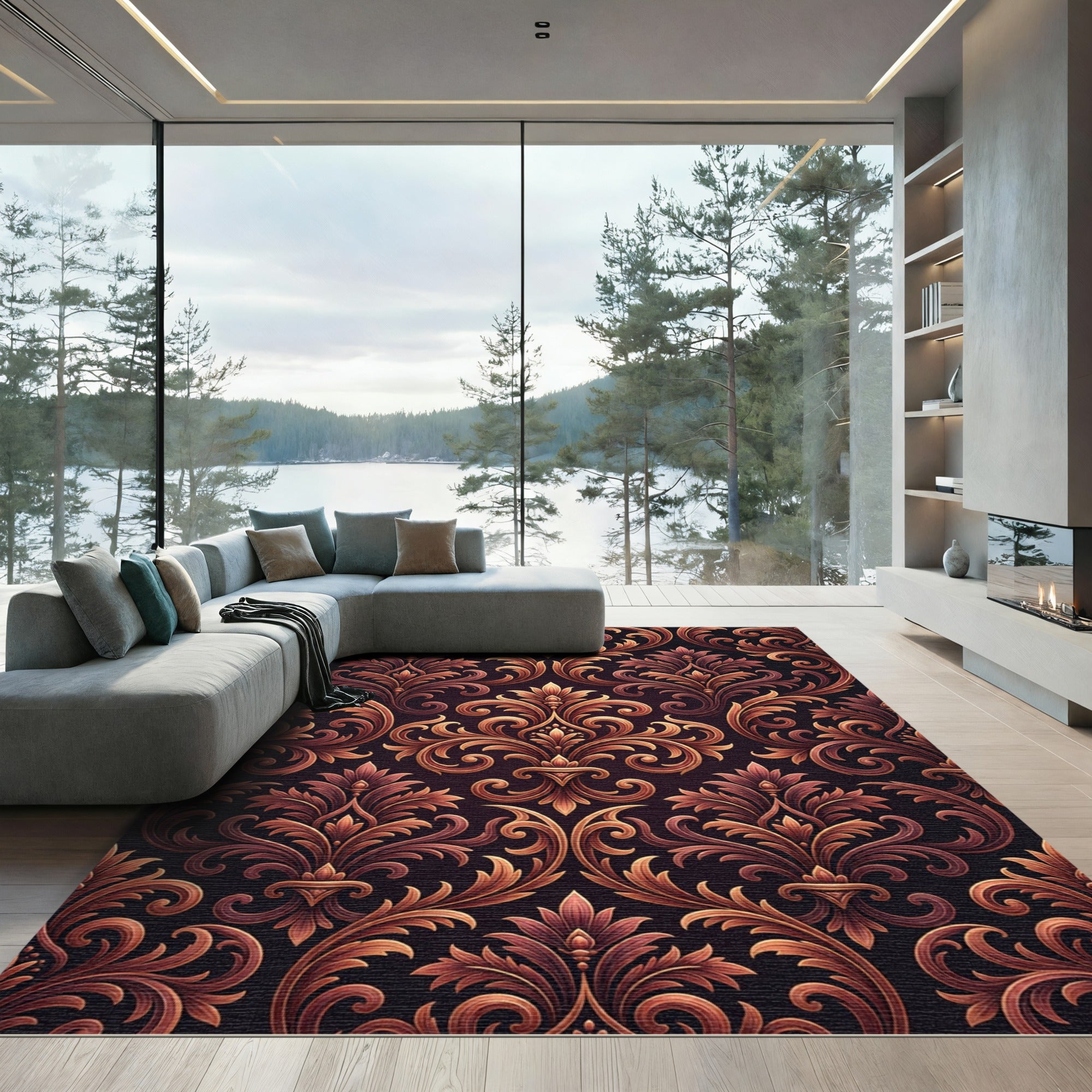 Elegant Copper Damask Scroll Rug