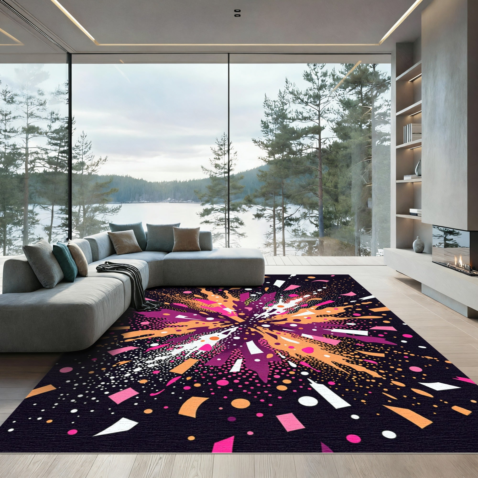 Vibrant Pink Orange Burst Confetti Rug