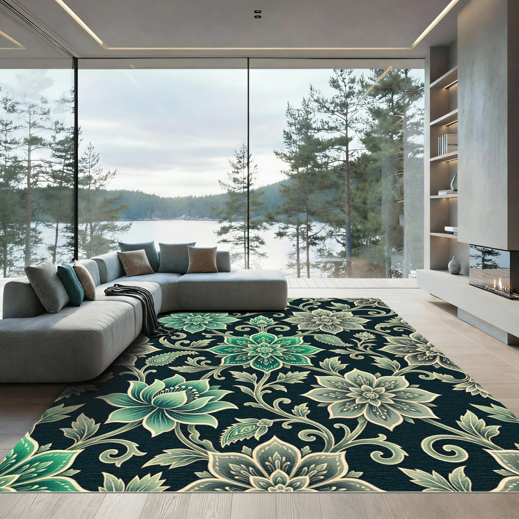 Elegant Emerald Floral Scroll Damask Rug
