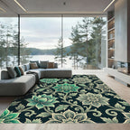 Elegant Emerald Floral Scroll Damask Rug