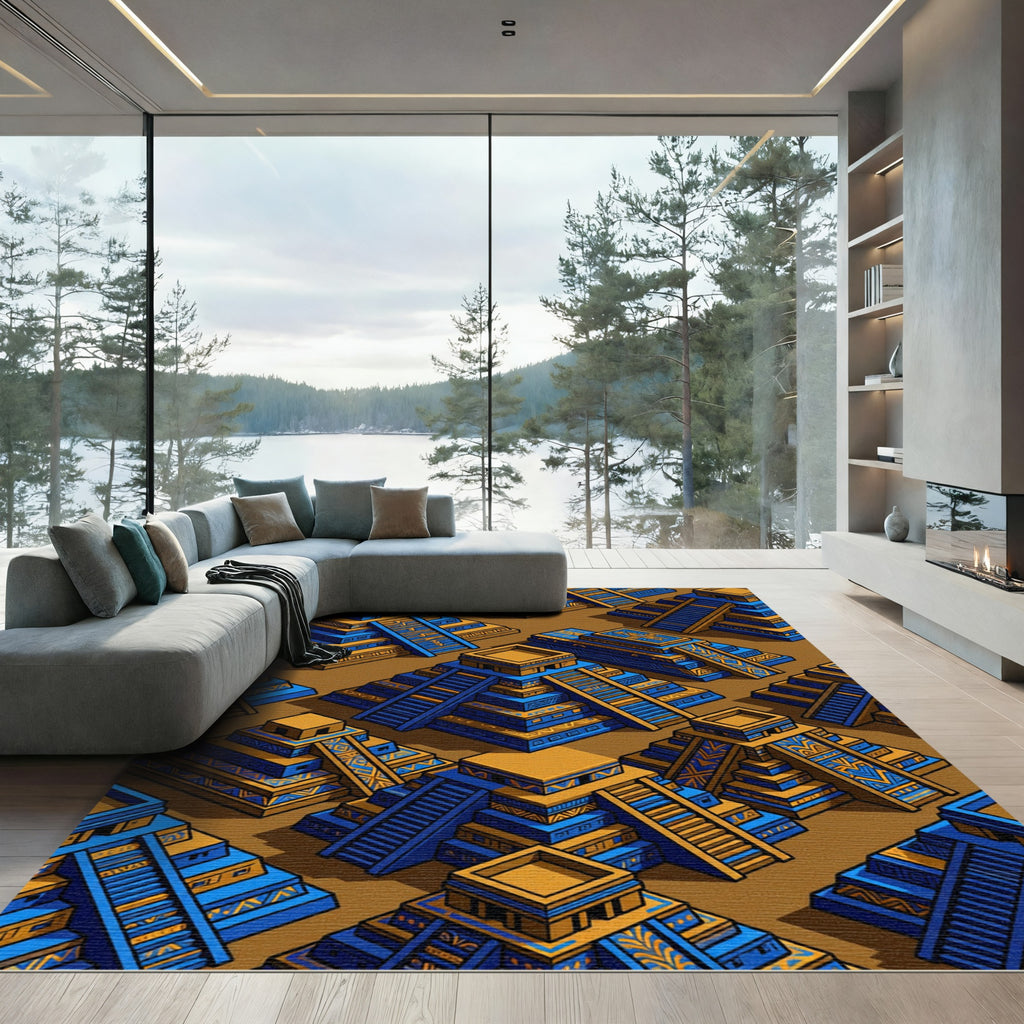 Aztec Geometric Blue Gold Pyramid Tile Rug