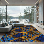 Aztec Geometric Blue Gold Pyramid Tile Rug