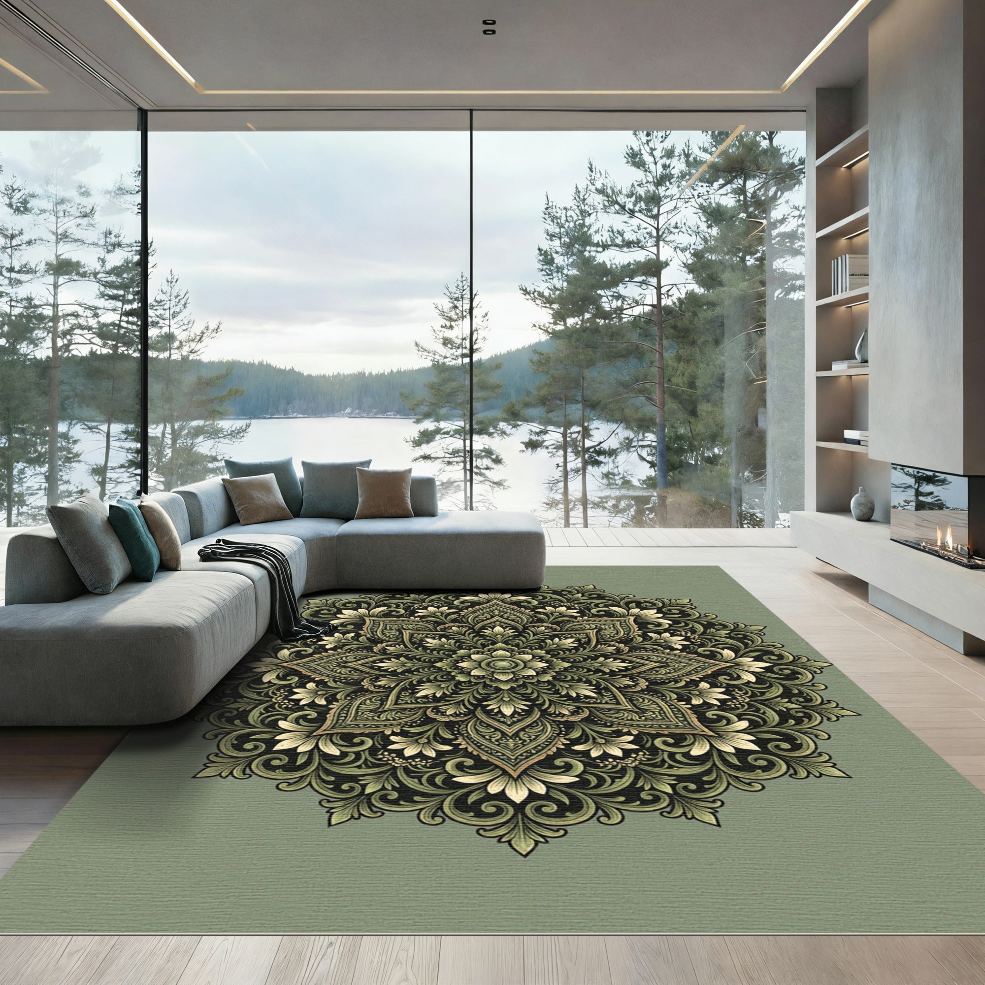 Ornate Green Floral Mandala Rug