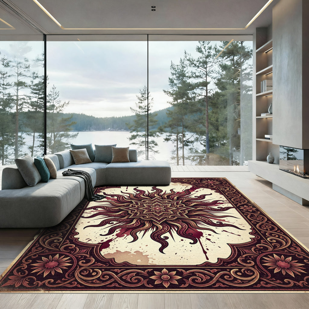 Ornate Crimson Sunburst Mandala Medallion Rug