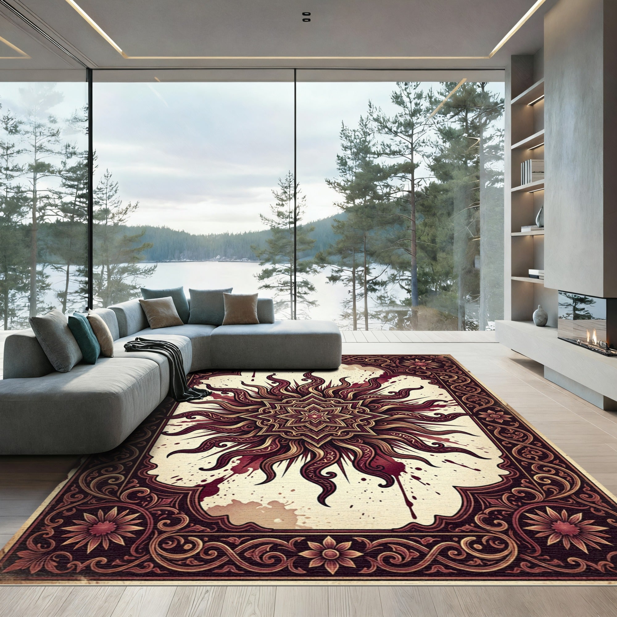 Ornate Crimson Sunburst Mandala Medallion Rug