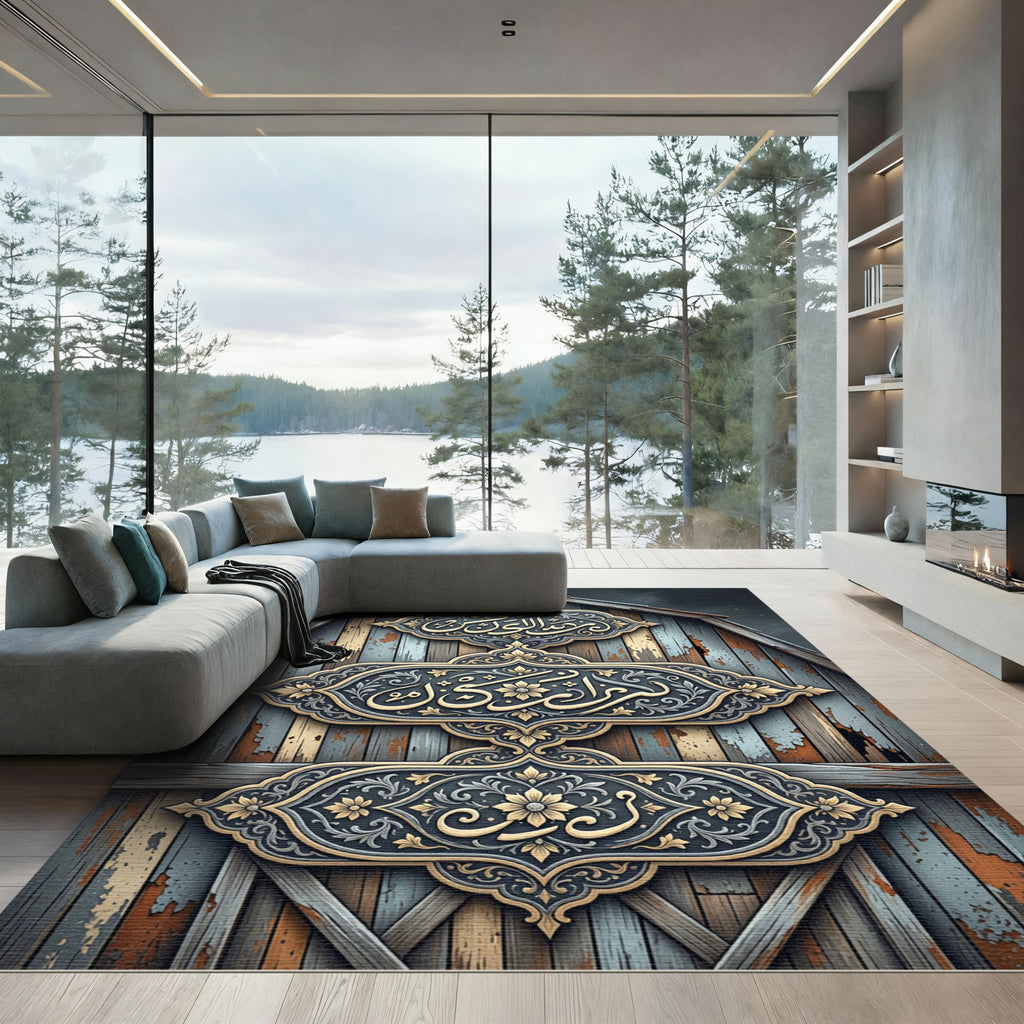 Ornate Gold Calligraphy Aged Wood Art Rug