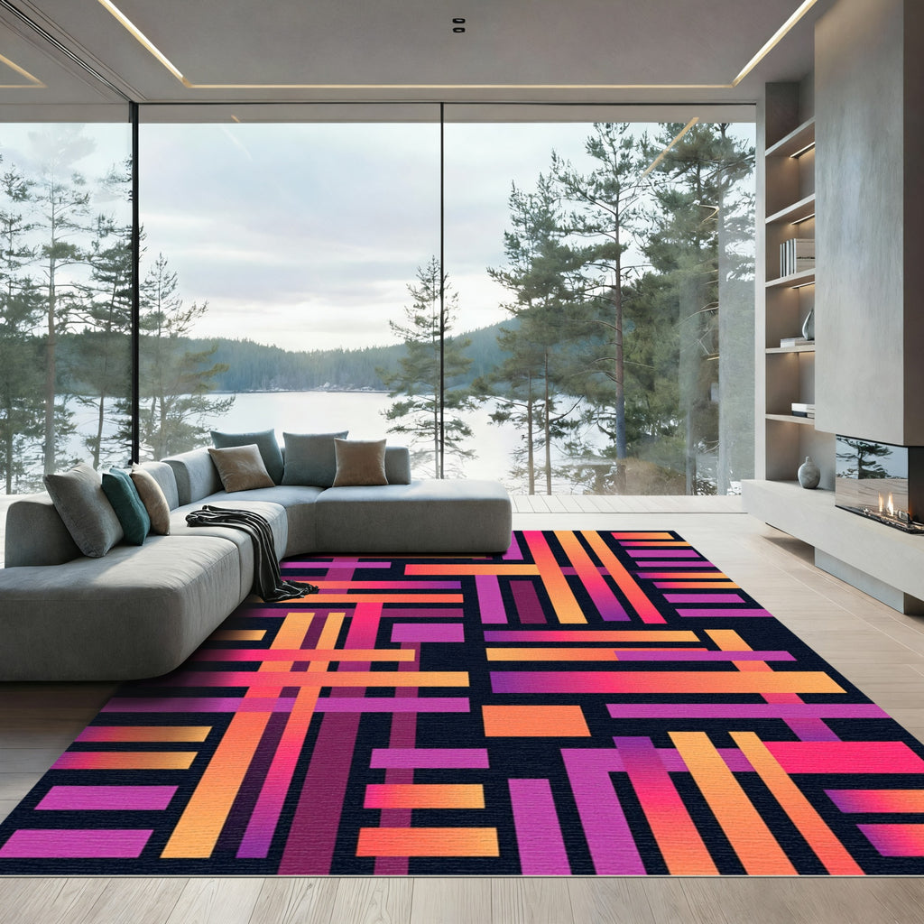 Vibrant Sunset Intersecting Linear Geometric Rug