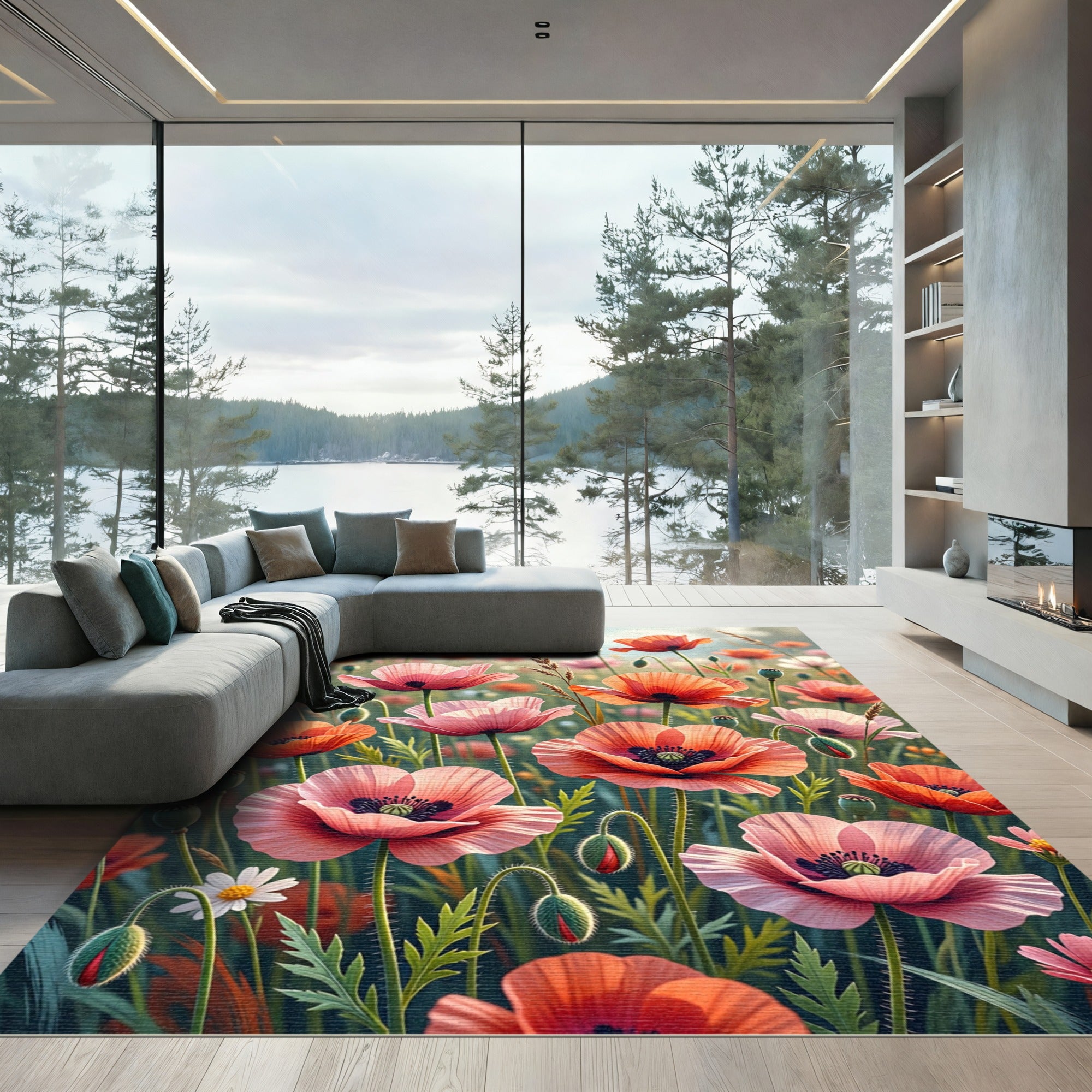 Coral Pink Poppy Field Rug