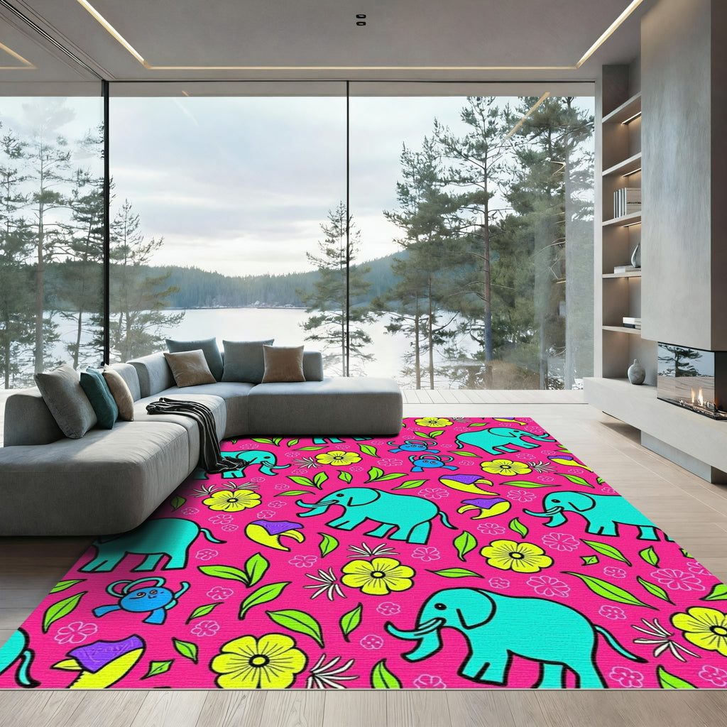 Turquoise Elephant Pink Floral Explosion Rug