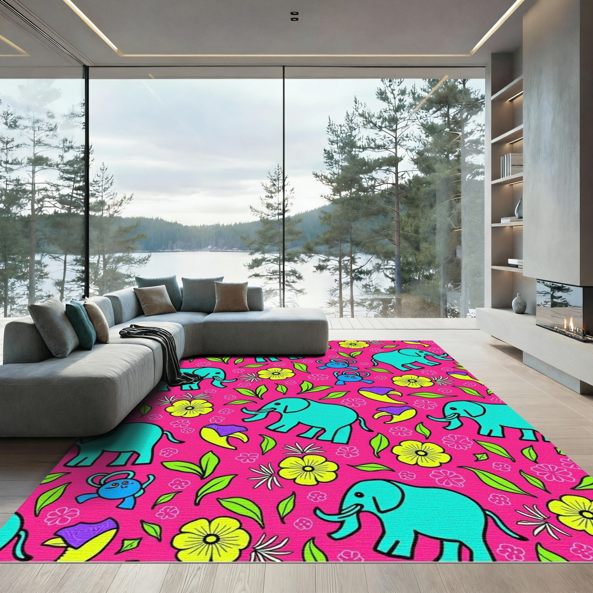 Turquoise Elephant Pink Floral Explosion Rug