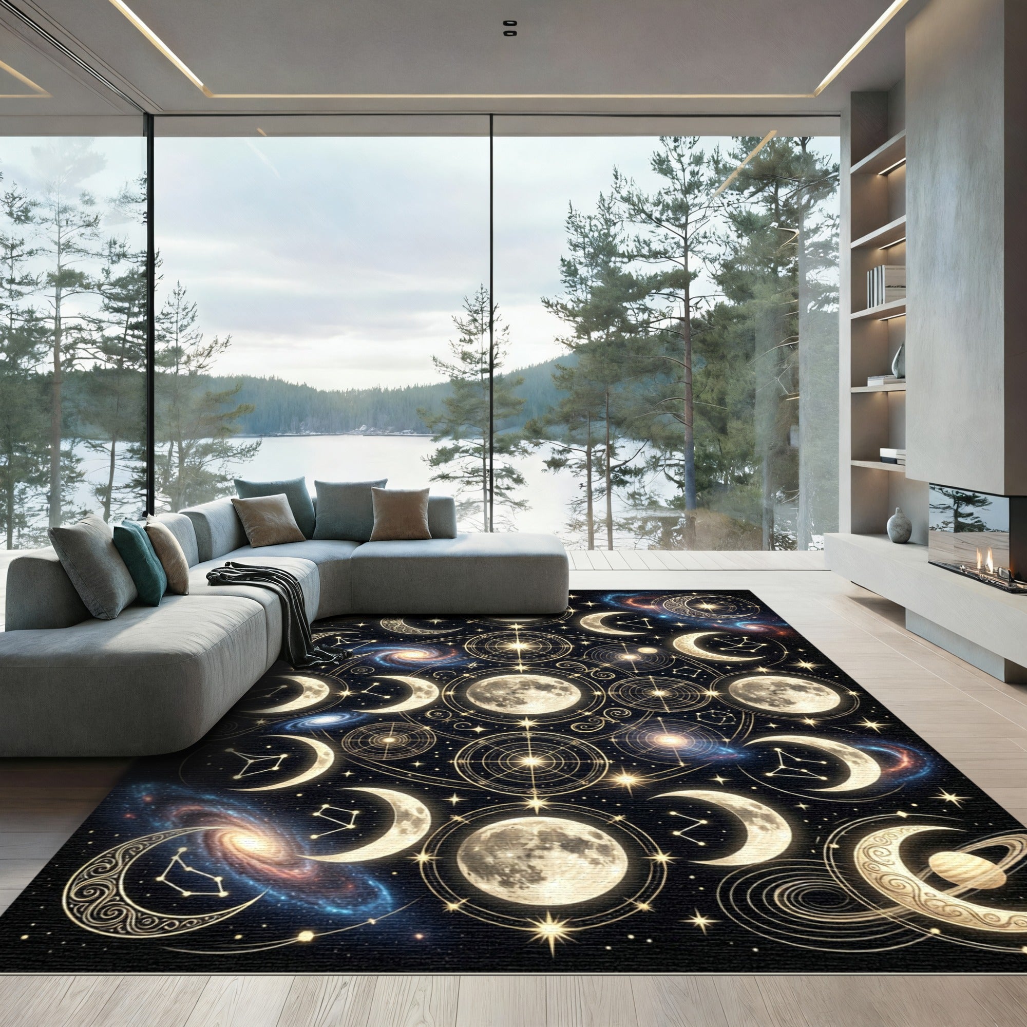 Celestial Lunar Phases Galaxy Gold Art Rug