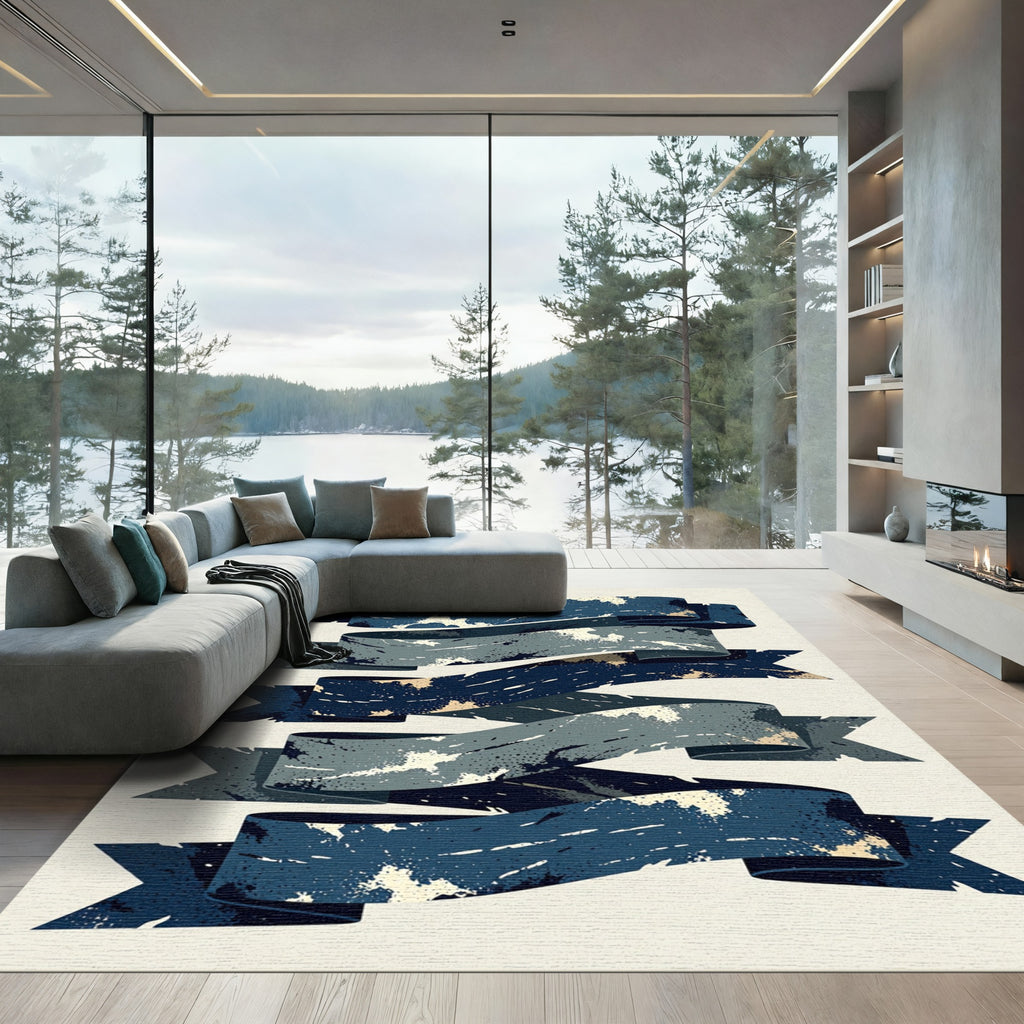 Distressed Navy Blue Wavy Ribbon Graphic Rug