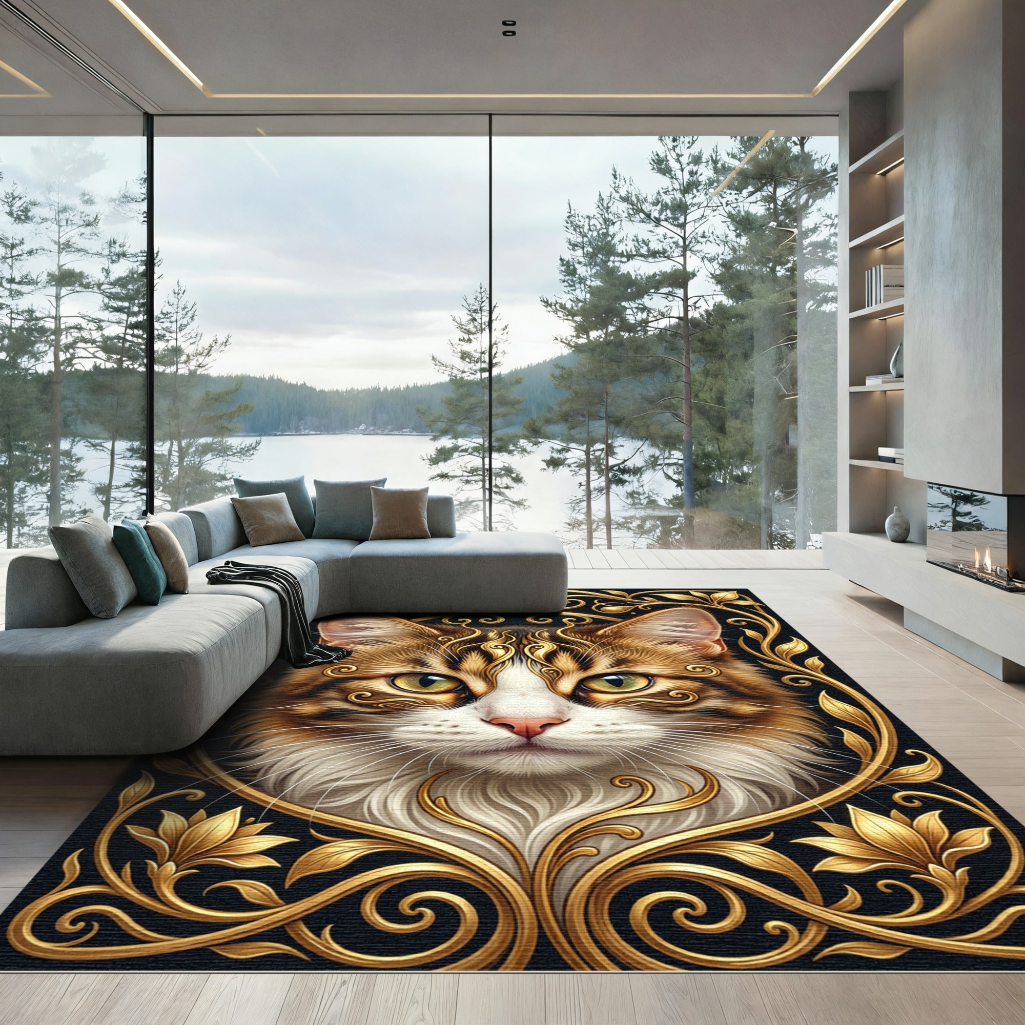 Ornate Gold Feline Elegant Frame Rug