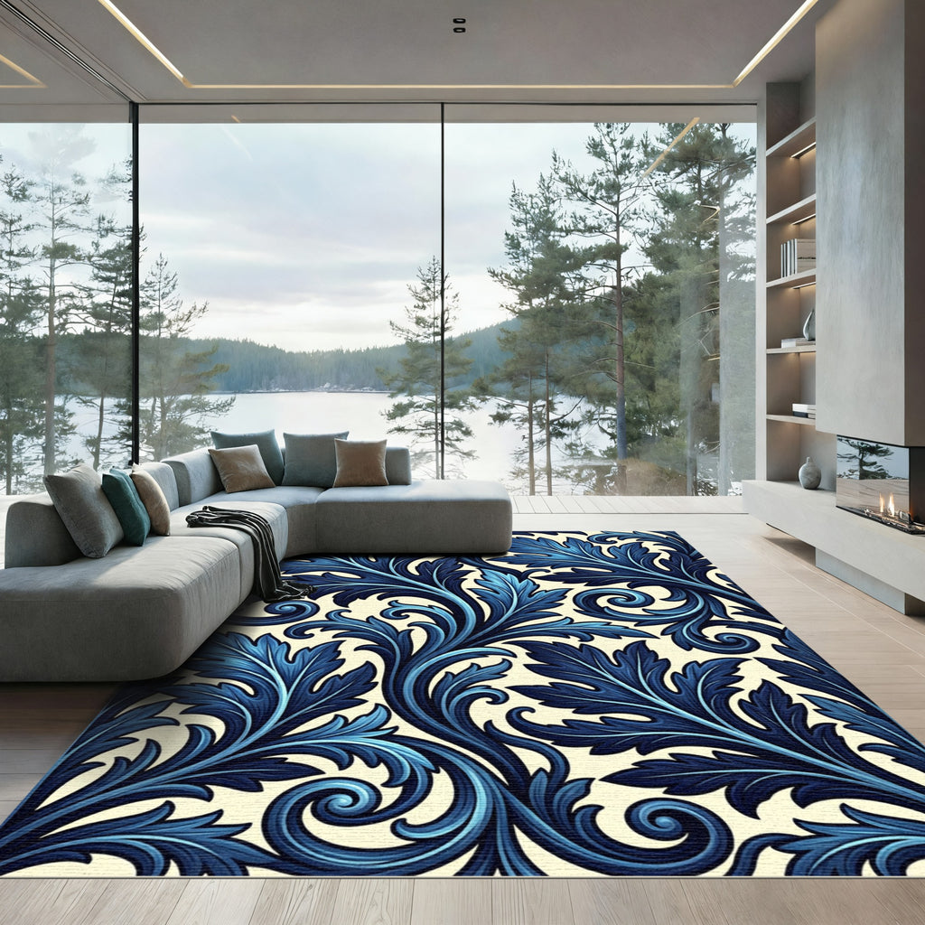 Deep Blue Floral Swirl Vine Rug