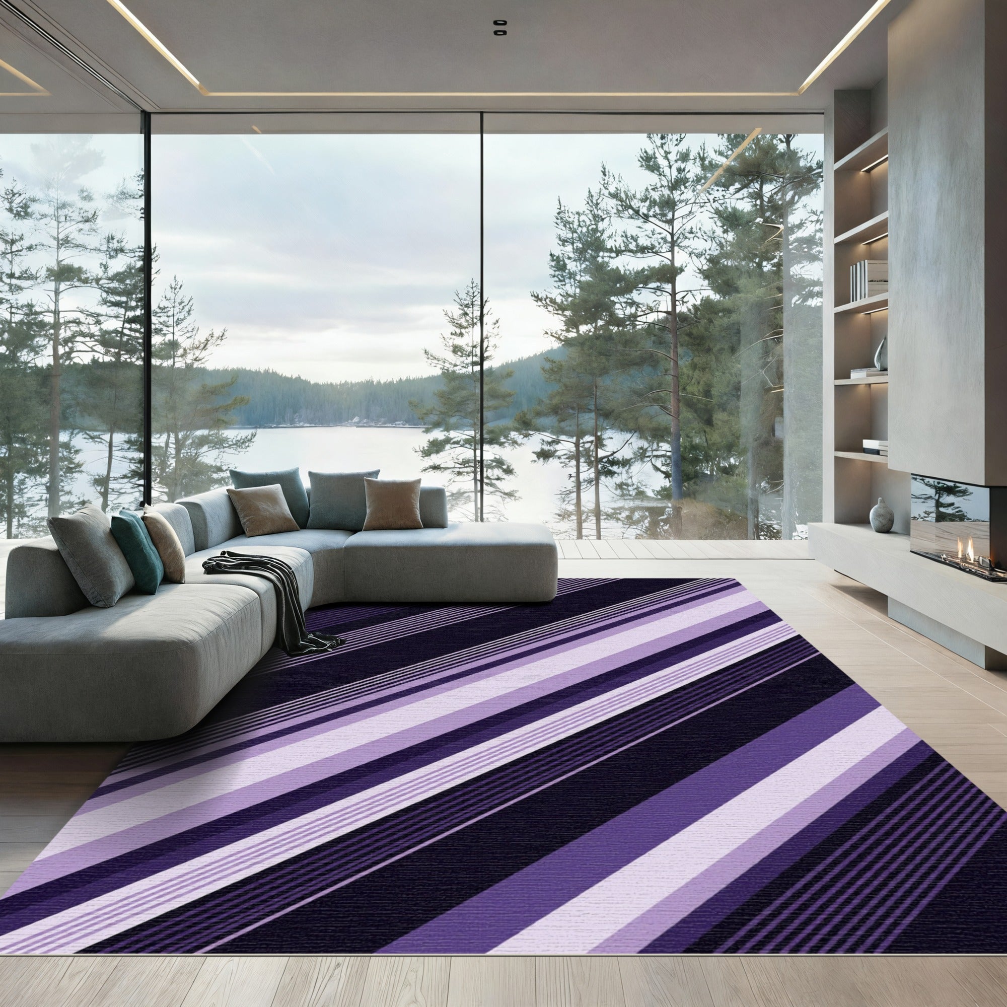 Modern Purple Diagonal Stripe Rug