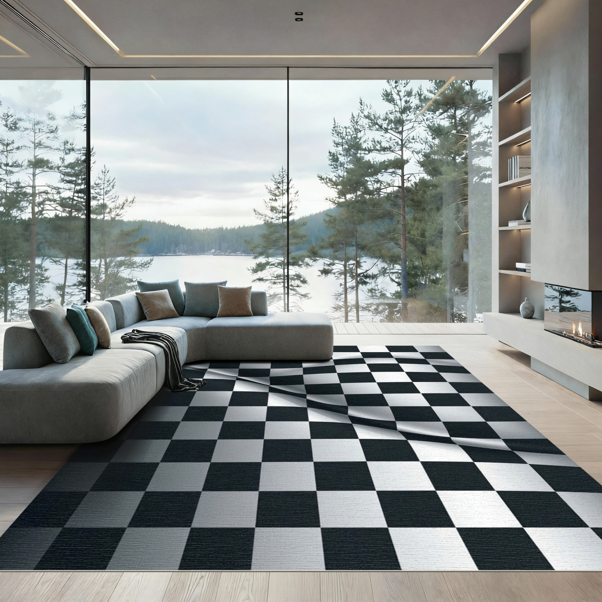 Wavy Black and White Checkered Rug