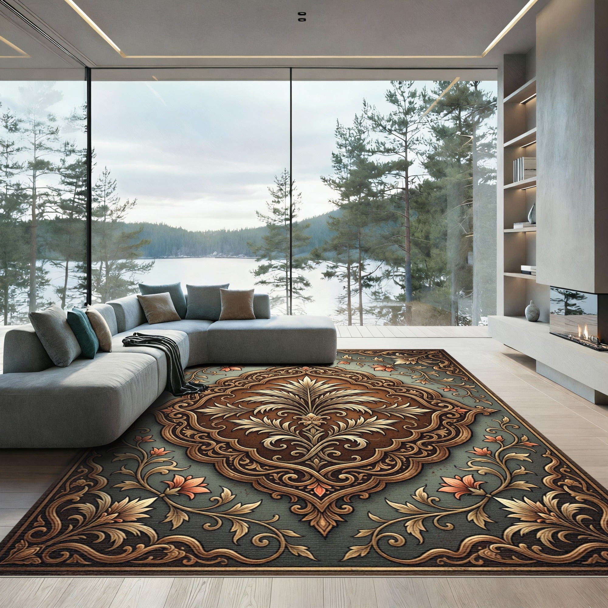 Ornate Golden Foliage Bronzed Slate Medallion Rug