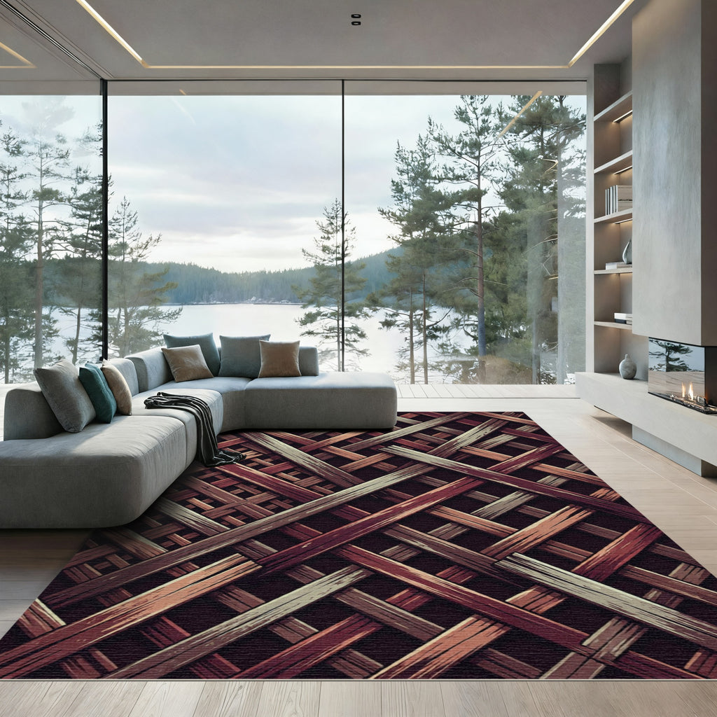 Interwoven Wooden Plank Lattice Earthy Tones Rug