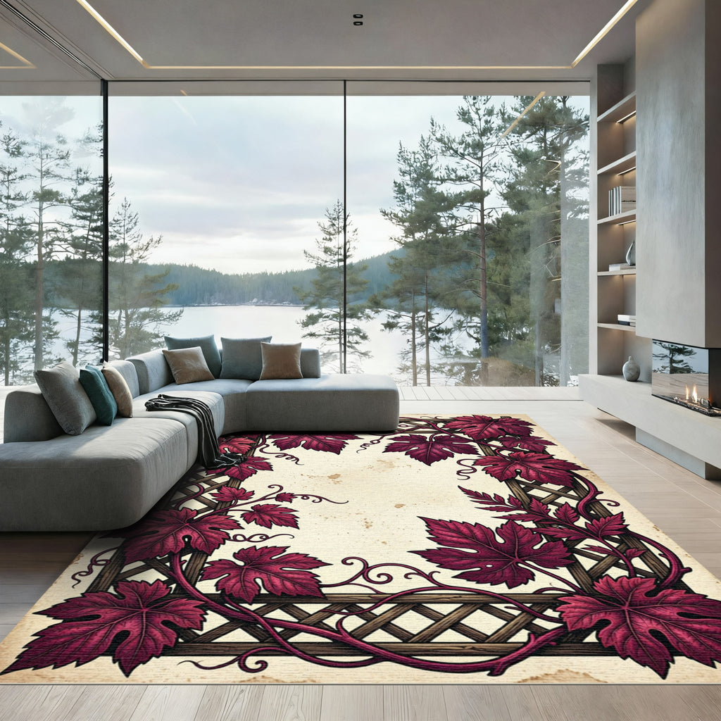 Deep Crimson Grapevine Lattice Border Rug