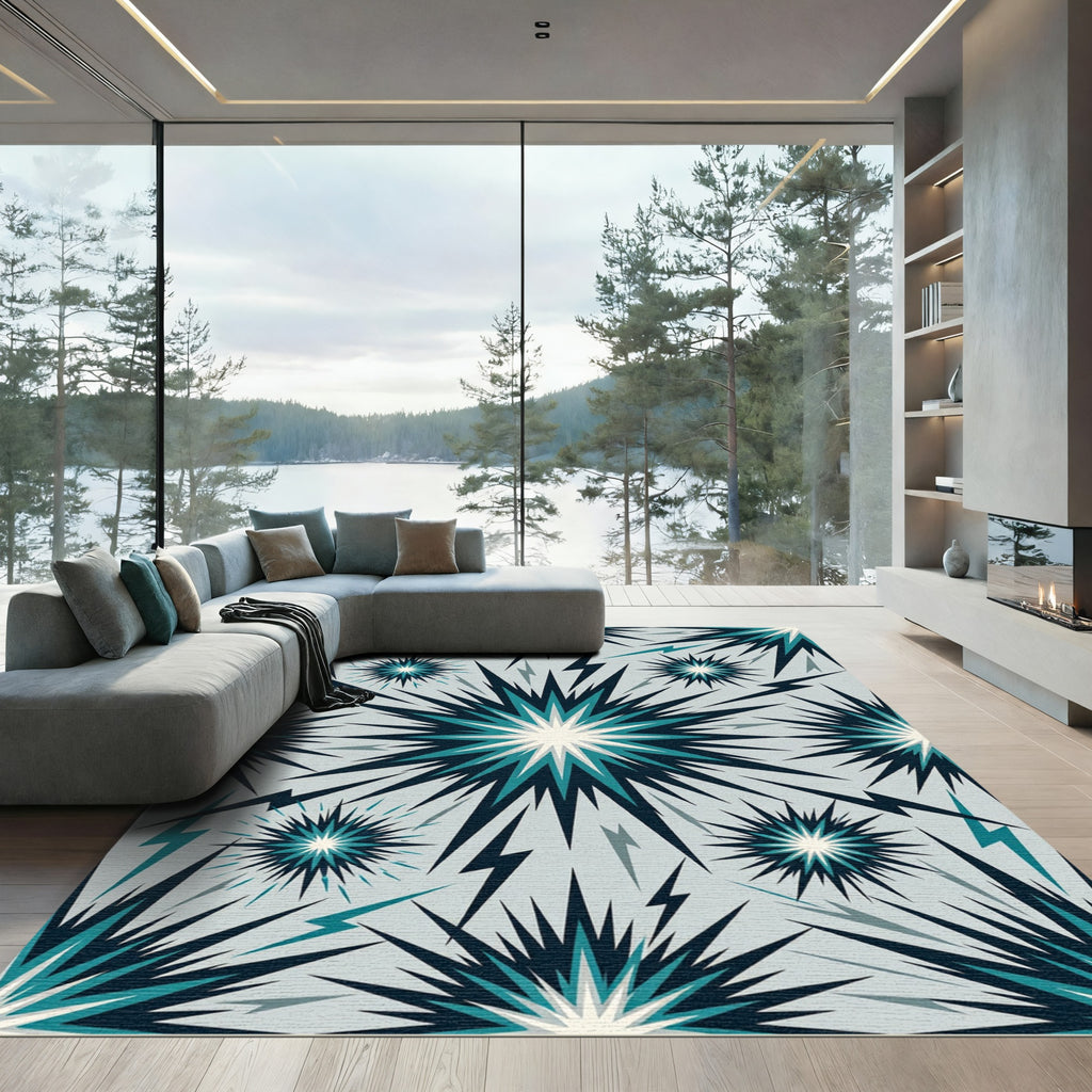 Explosive Teal Starburst Lightning Rug