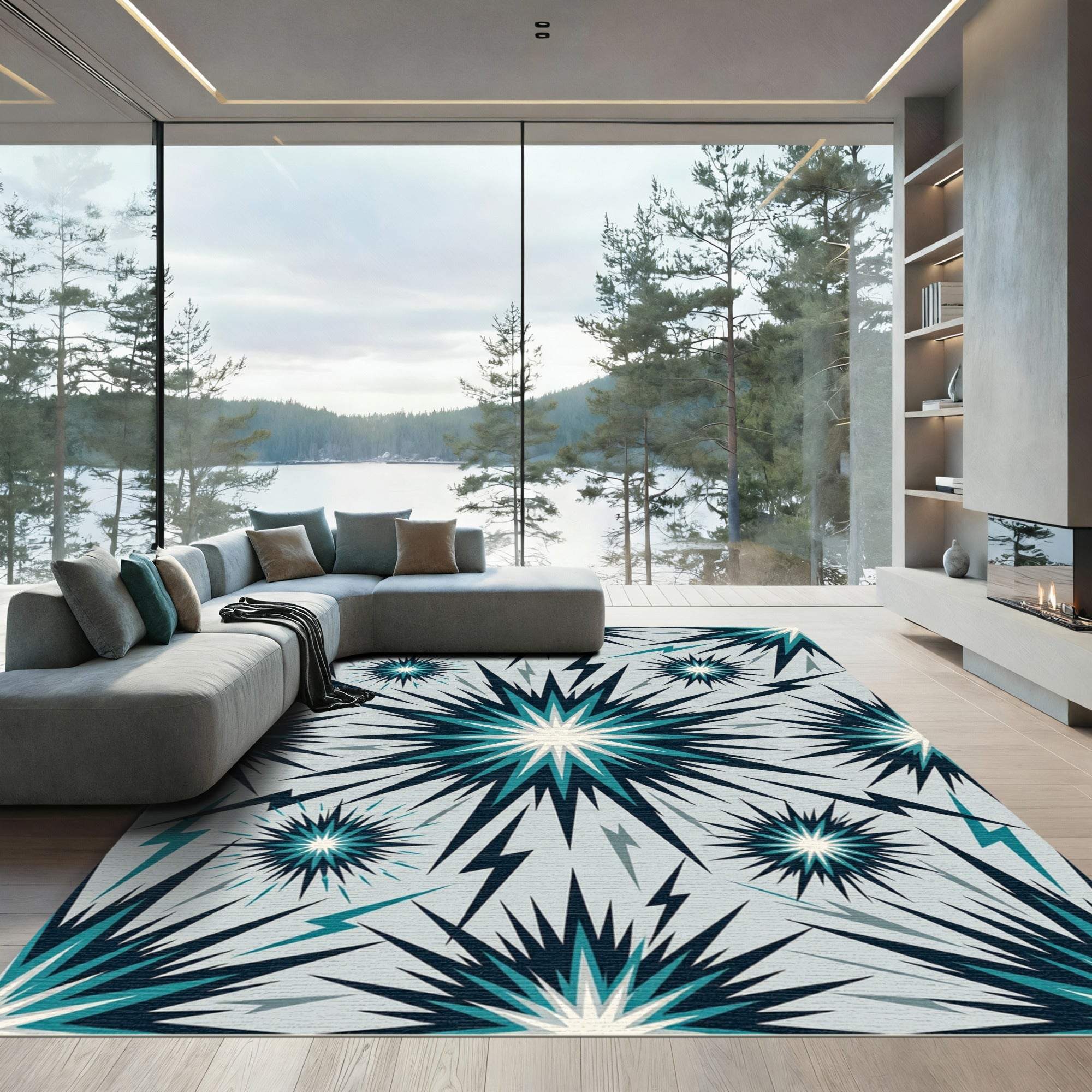 Explosive Teal Starburst Lightning Rug