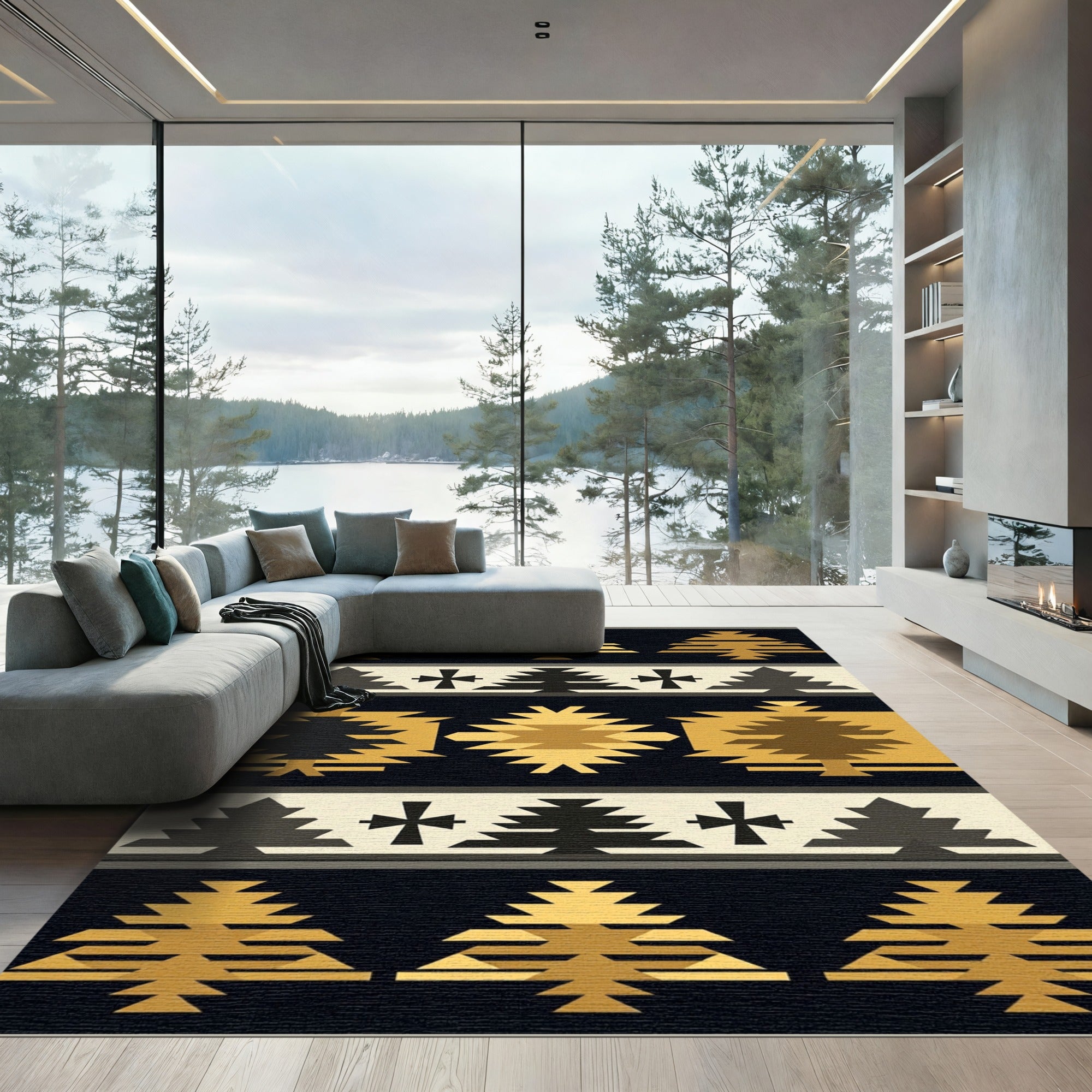 Golden Abstract Geometric Fireplace Rug