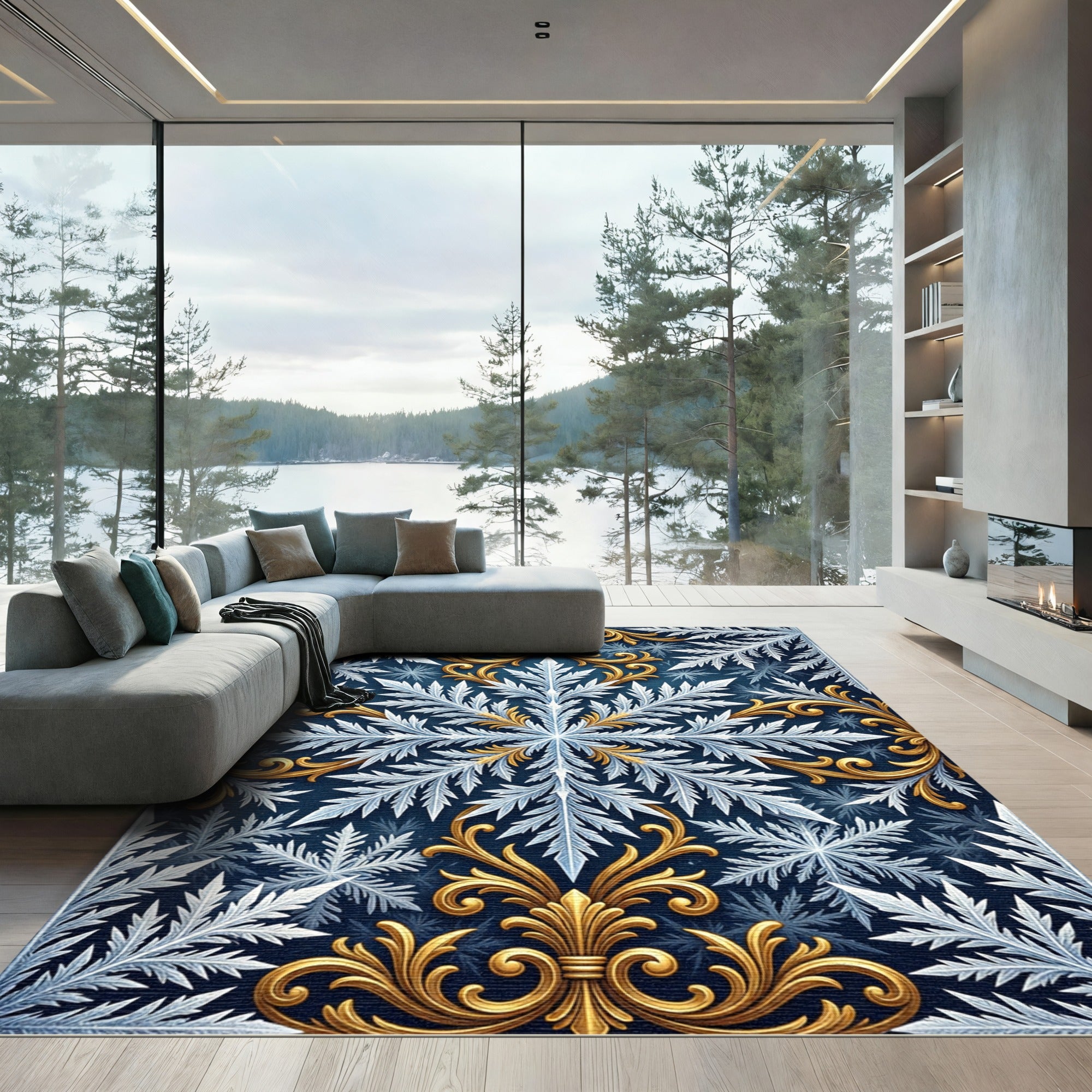 Gold Filigree Icy White Snowflake Rug