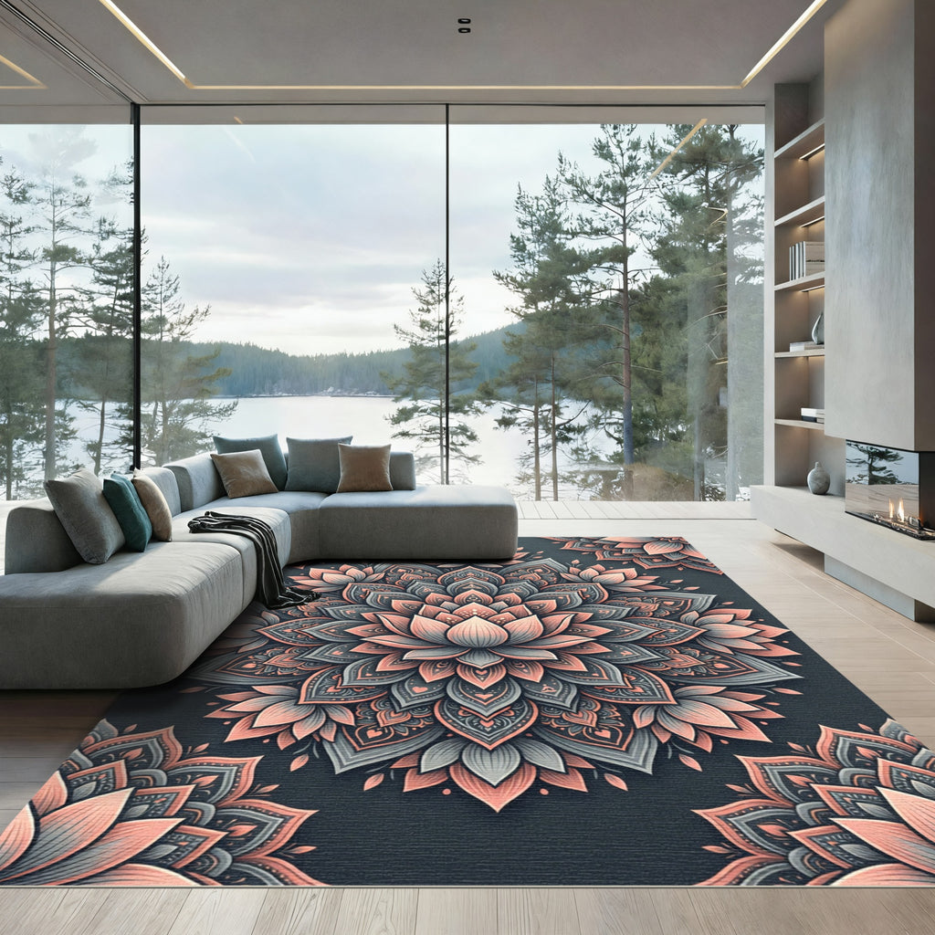 Elegant Lotus Mandala in Dusty Rose and Slate Rug
