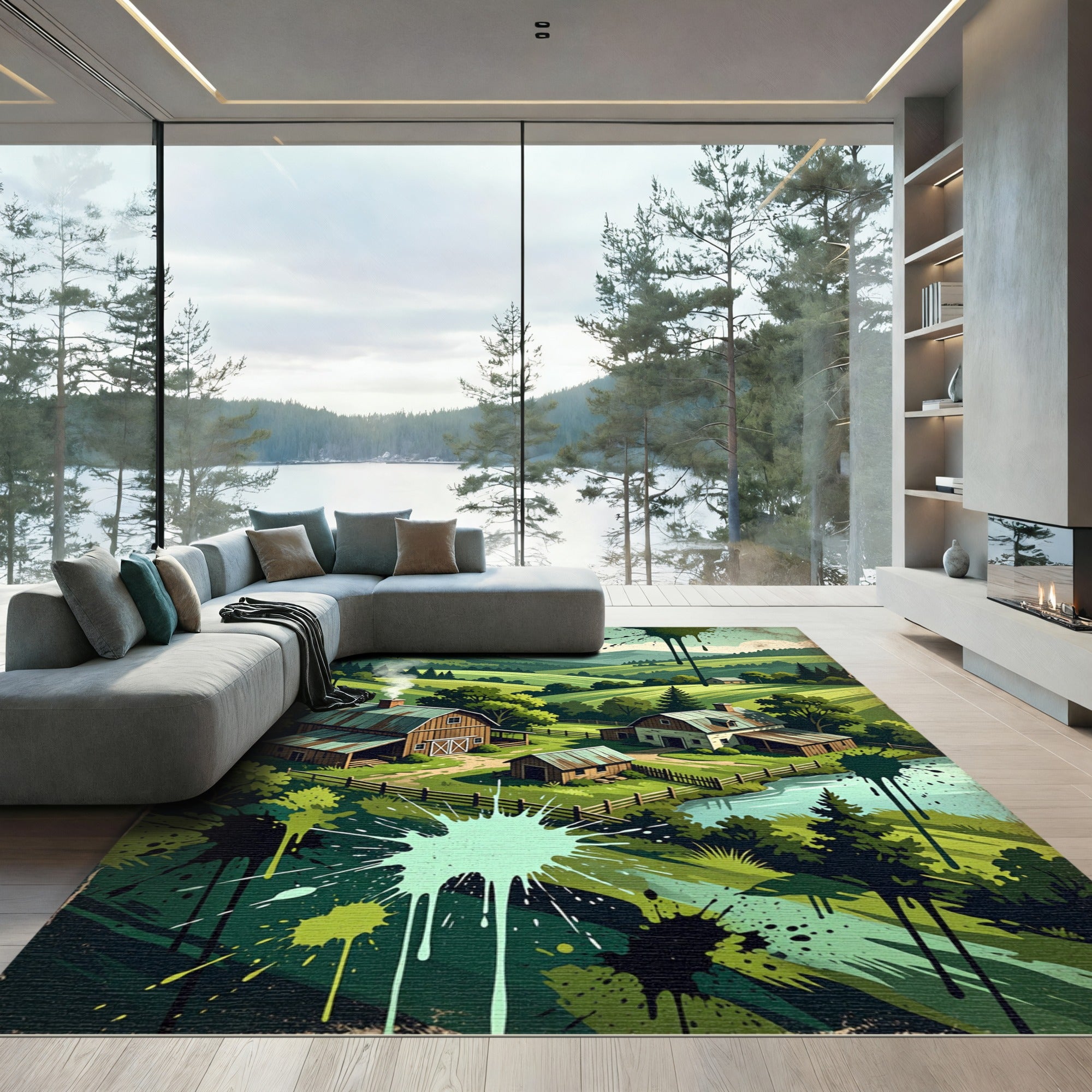 Rustic Farmhouse Landscape Ink Splatter Wall Art Rug