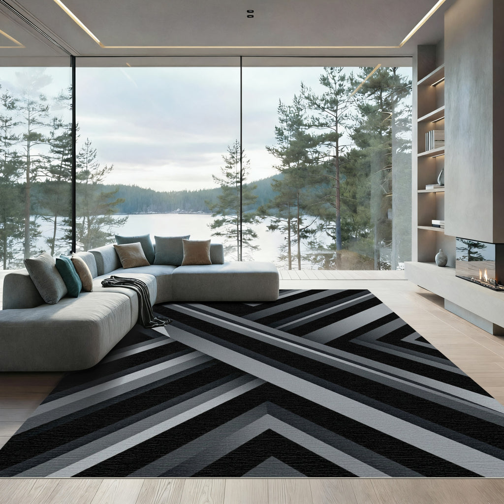 Modern Monochrome Geometric Angular Layers Rug