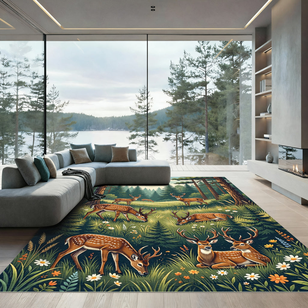 Enchanted Meadow Deer Forest Landscape Rug