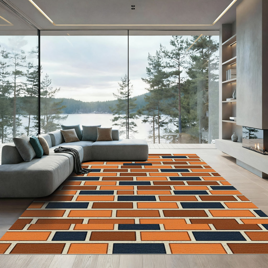 Modern Earthy Tone Geometric Brick Wall Rug