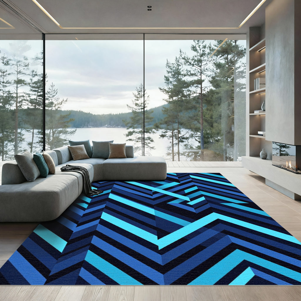Deep Blue Chevron Abstract Geometric Rug