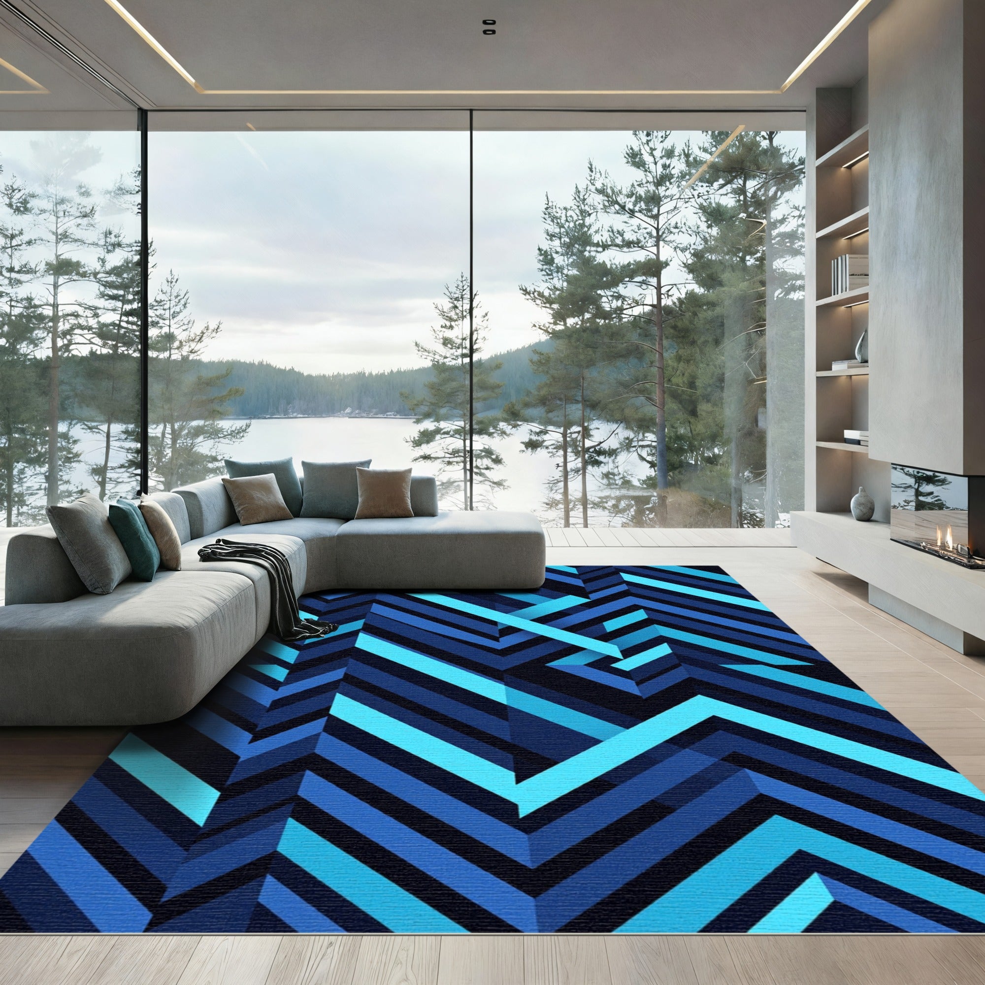 Deep Blue Chevron Abstract Geometric Rug