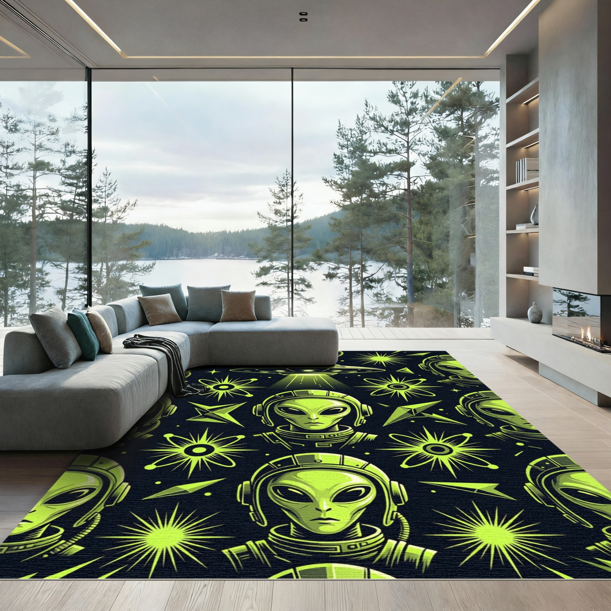 Neon Alien Cosmic Saucer Space Graphic Rug