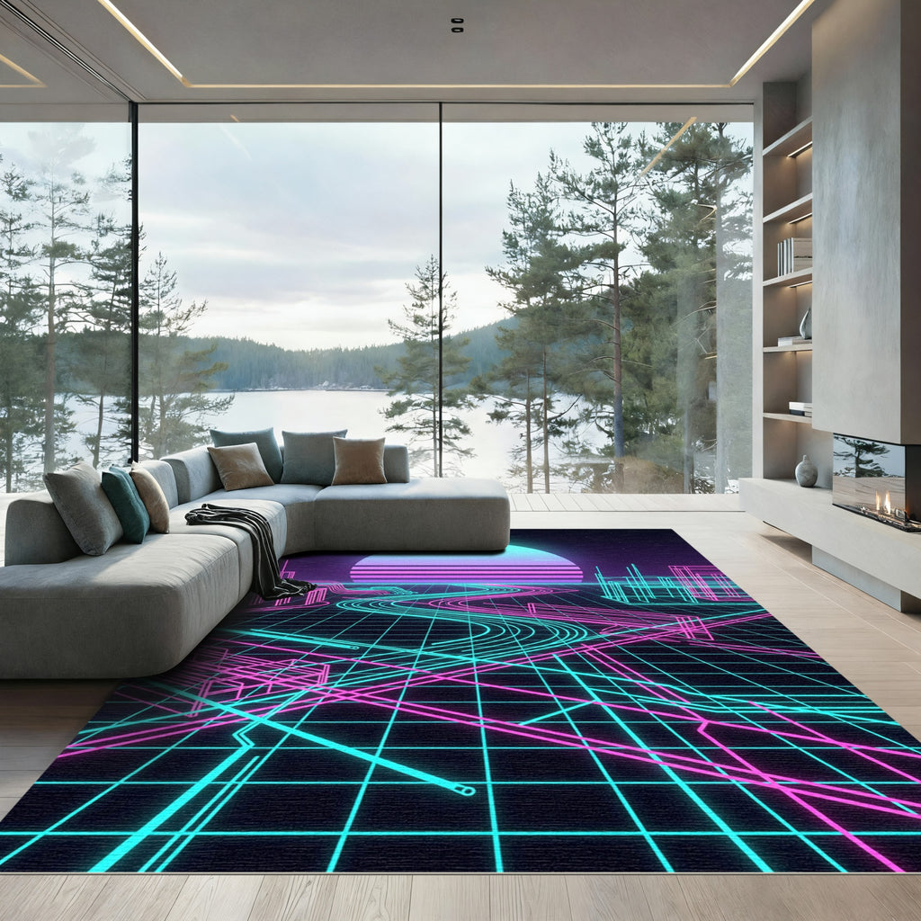 Neon Vaporwave Synthwave City Landscape Rug