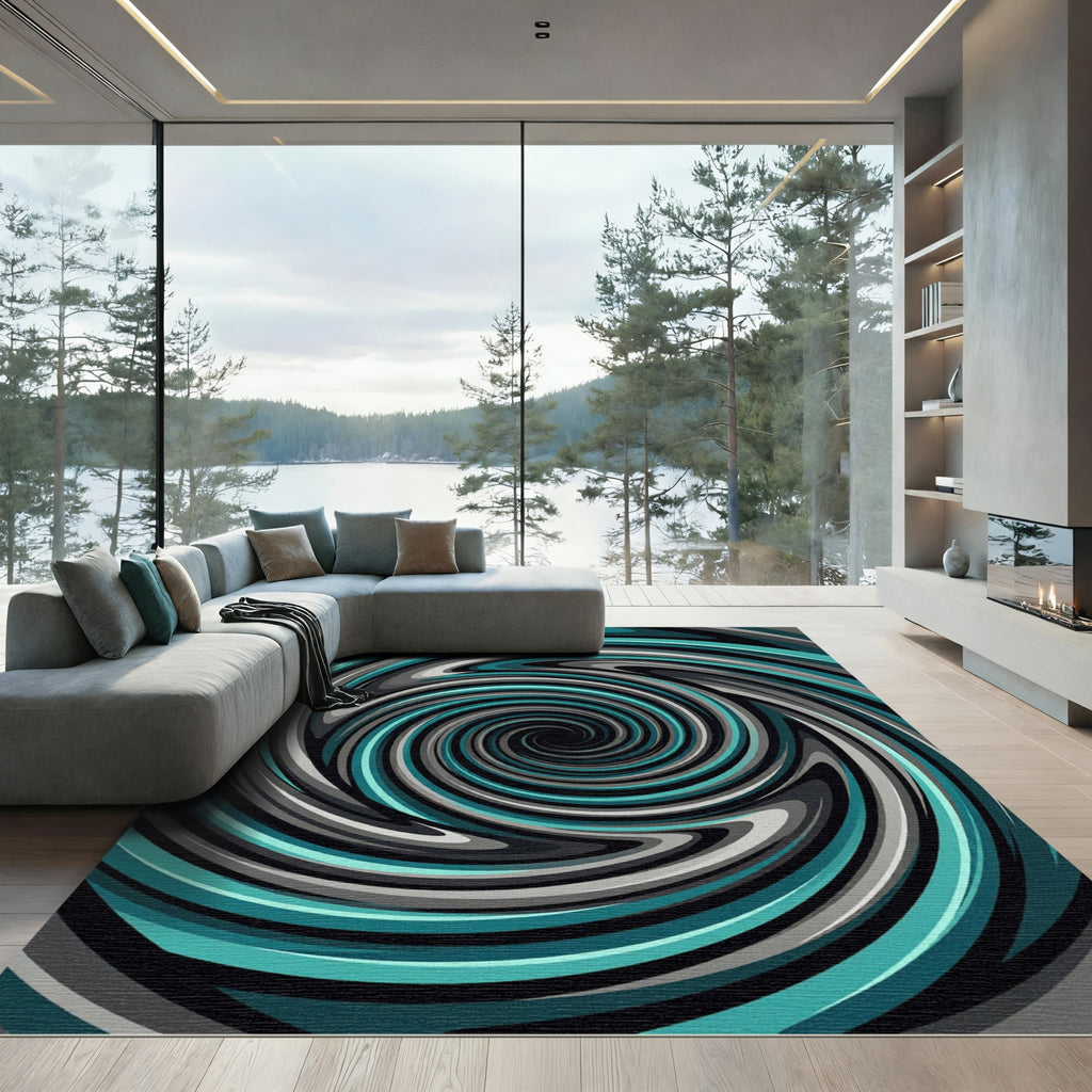 Modern Teal and Charcoal Swirl Rug
