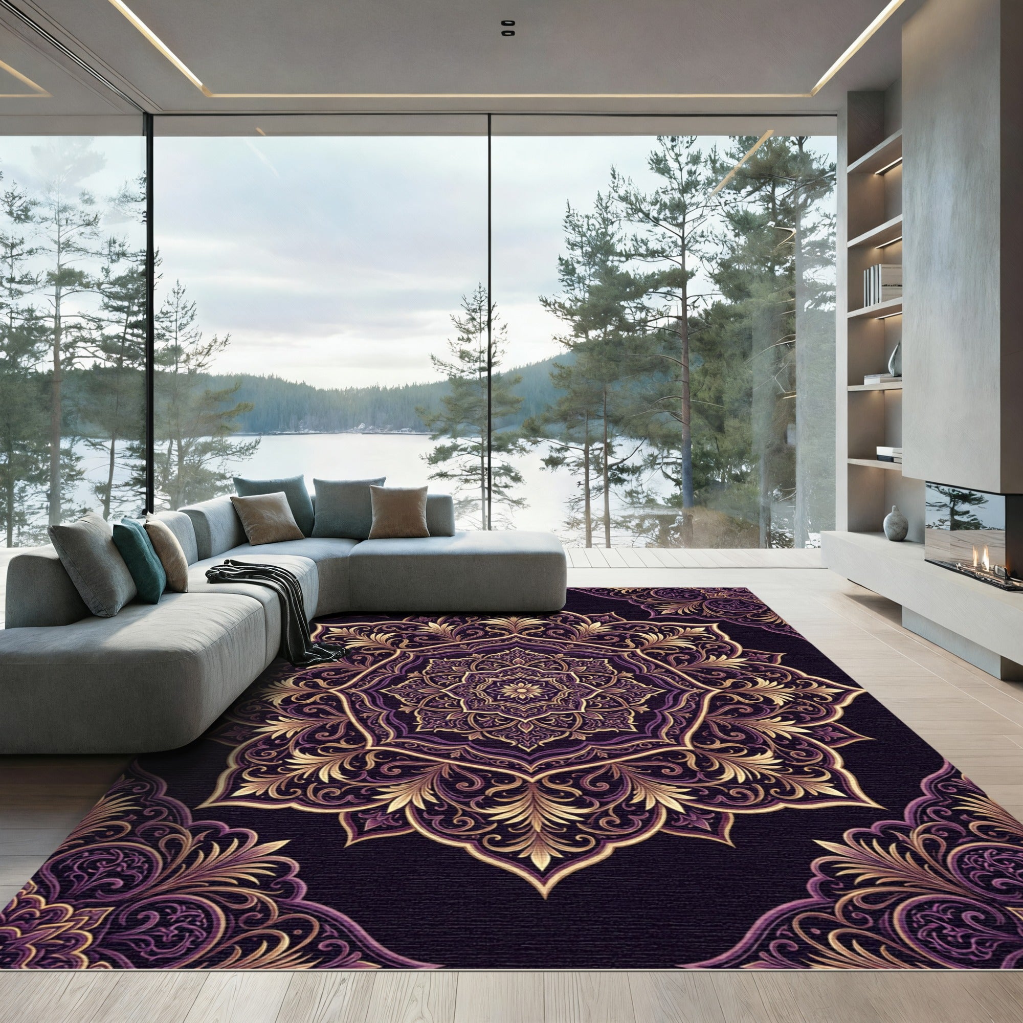 Ornate Purple Gold Medallion Rug
