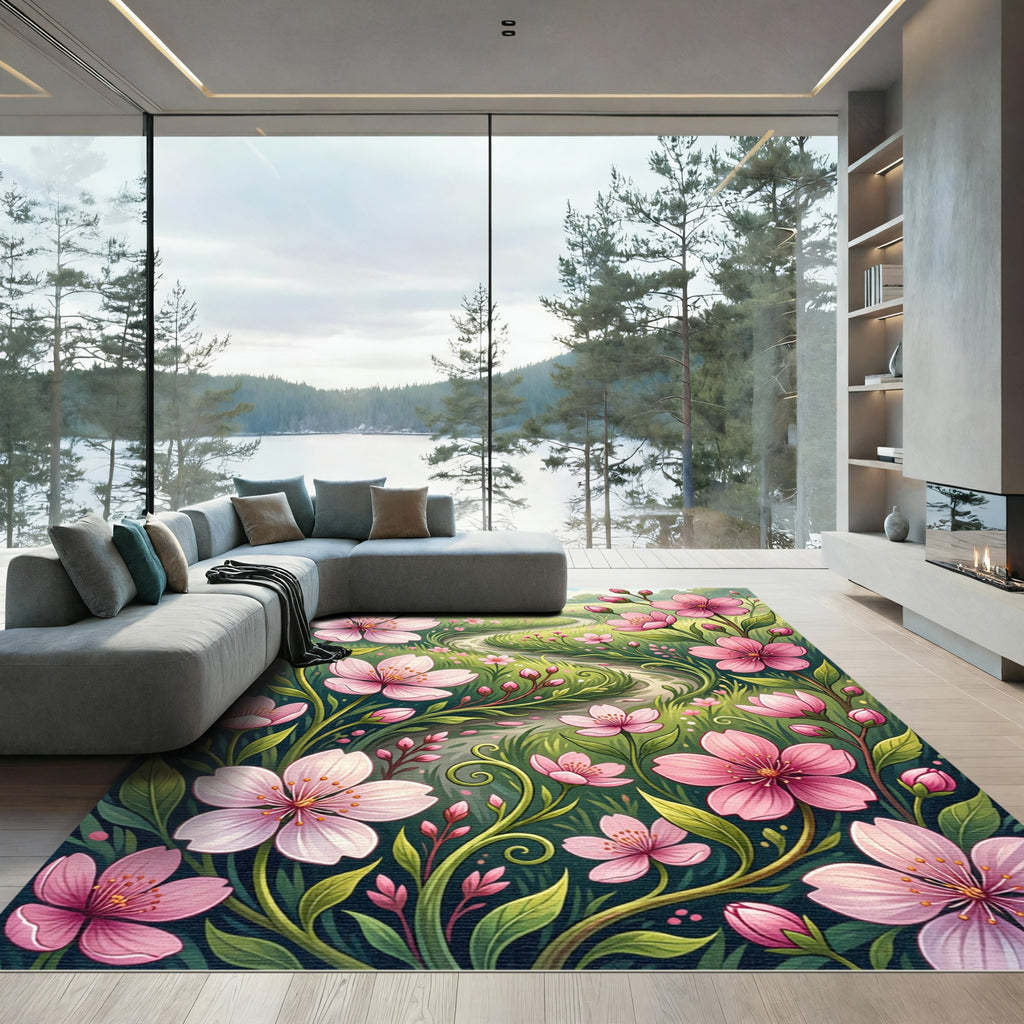 Whimsical Pink Cherry Blossom Meadow Rug