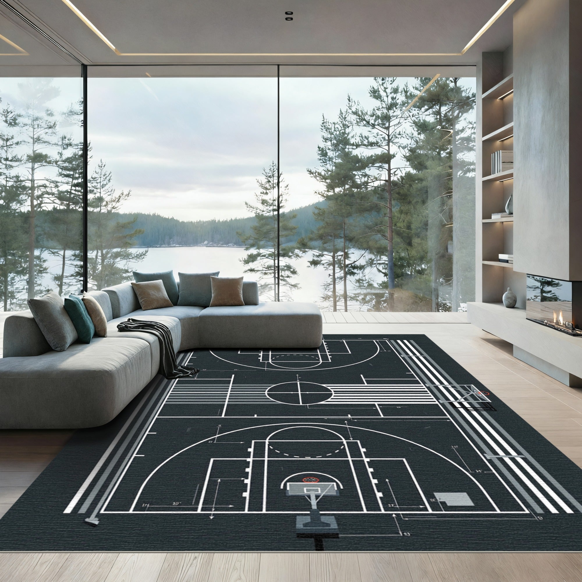 Minimalist Monochrome Basketball Court Graphic Rug