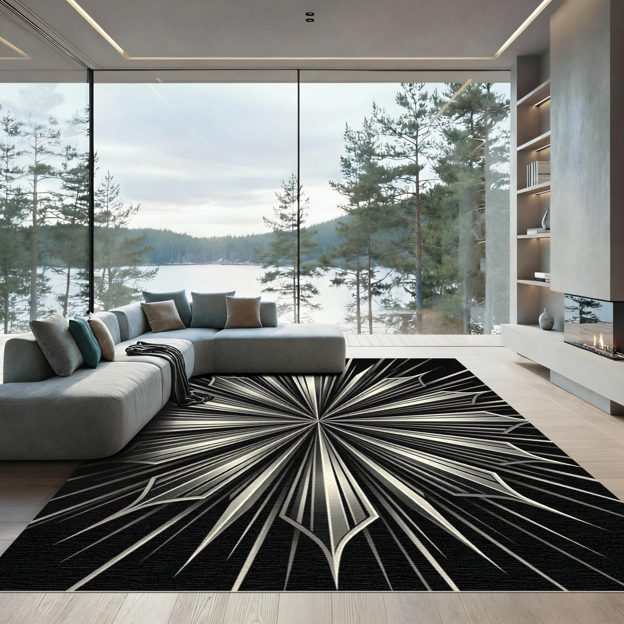 Radiant Black And White Starburst Rug