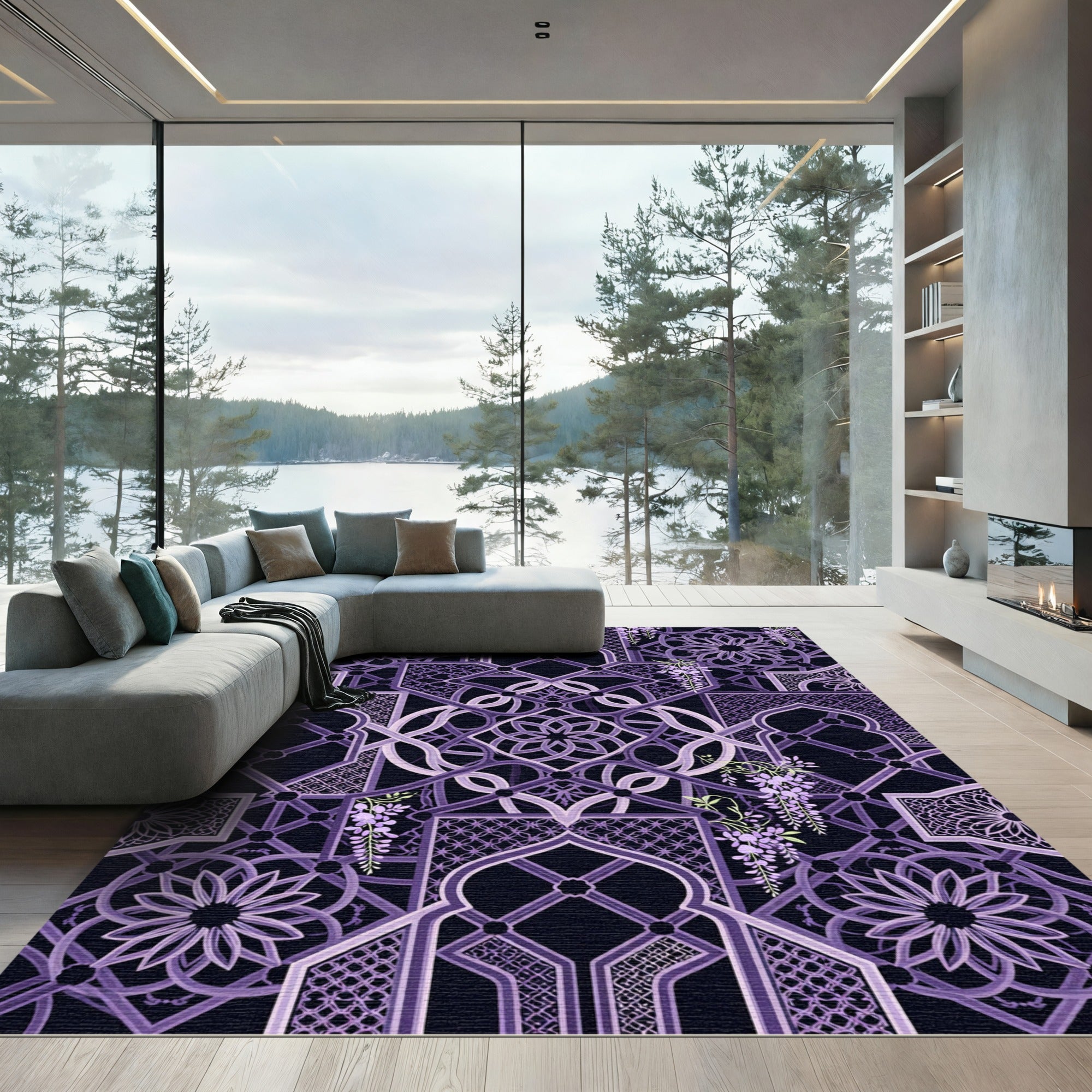 Elegant Purple Wisteria Geometrical Lattice Rug