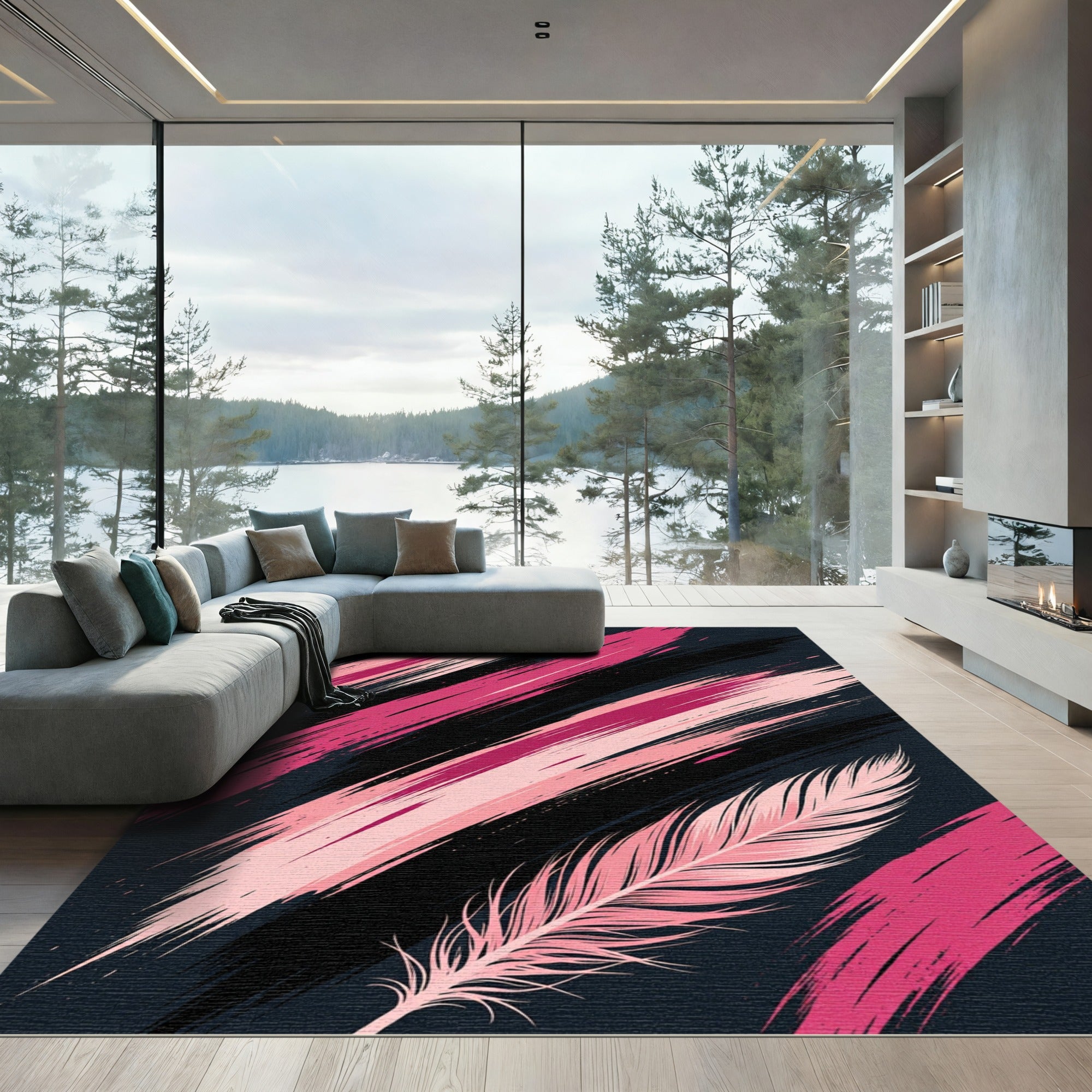 Pink Feather Abstract Brush Stroke Rug