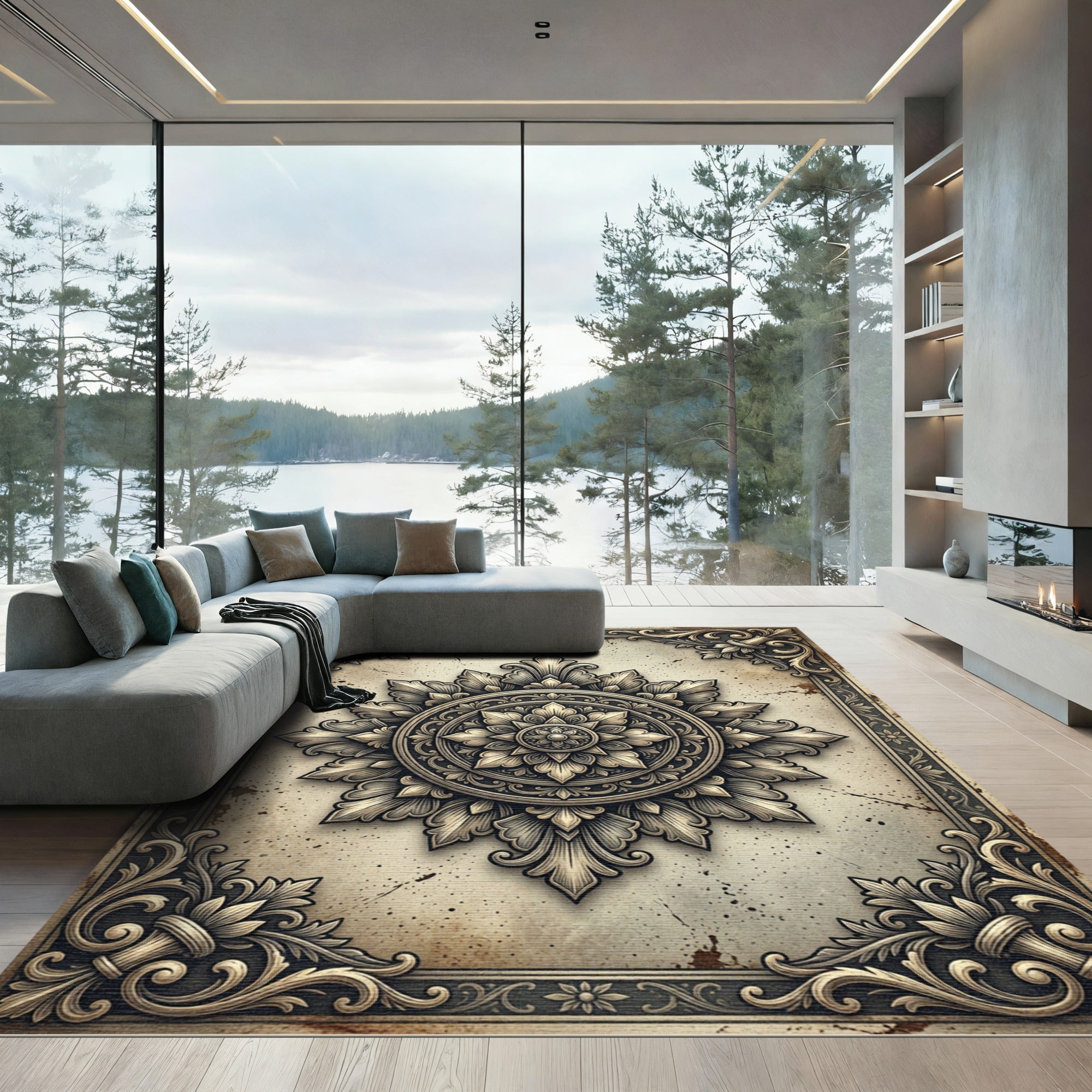 Ornate Baroque Gold Cream Floral Medallion Rug