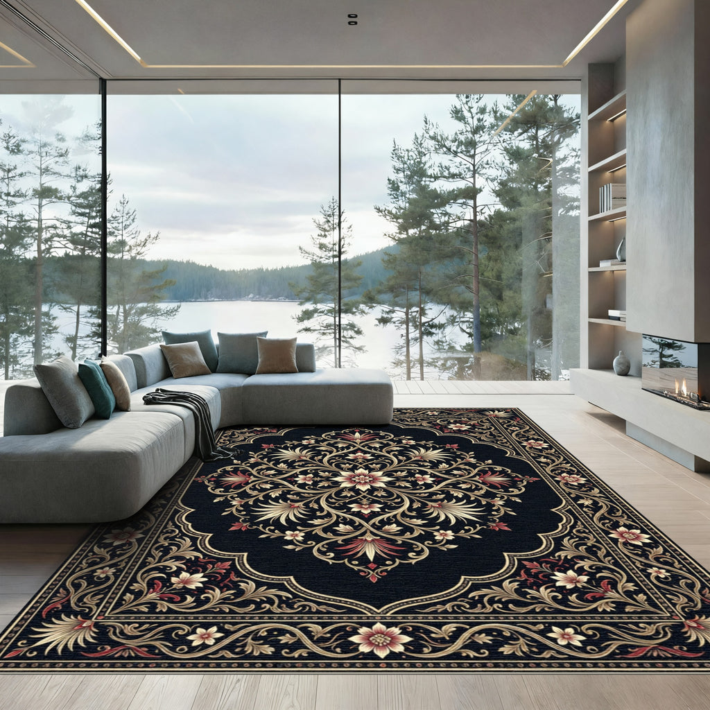 Ornate Floral Medallion Red Gold Rug