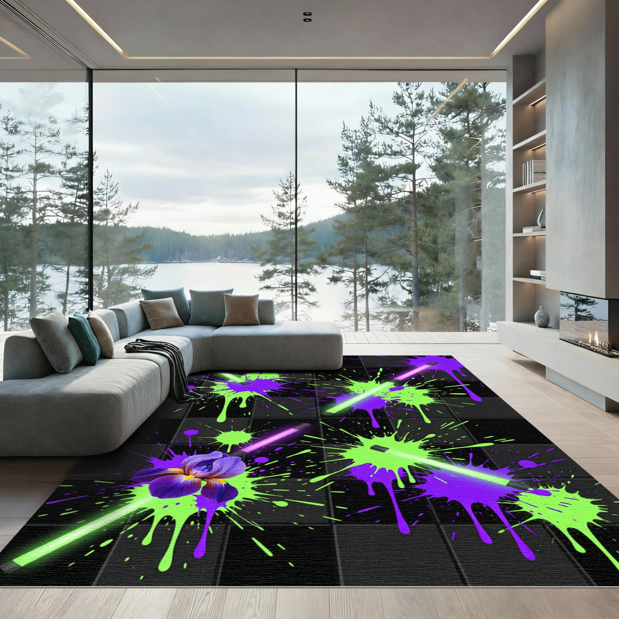 Neon Glow Splatter Electric Iris Art Rug