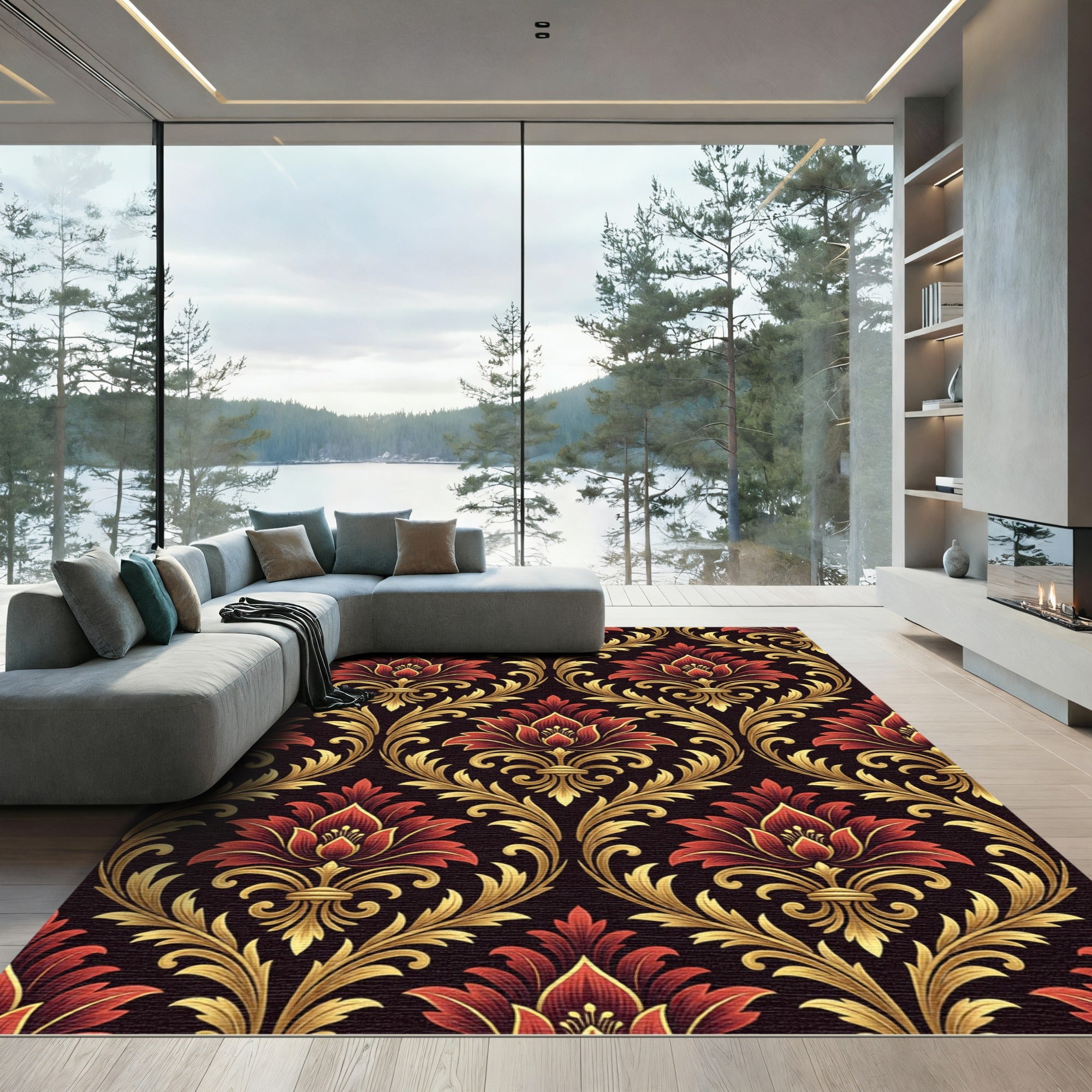 Regal Burgundy Golden Damask Floral Rug